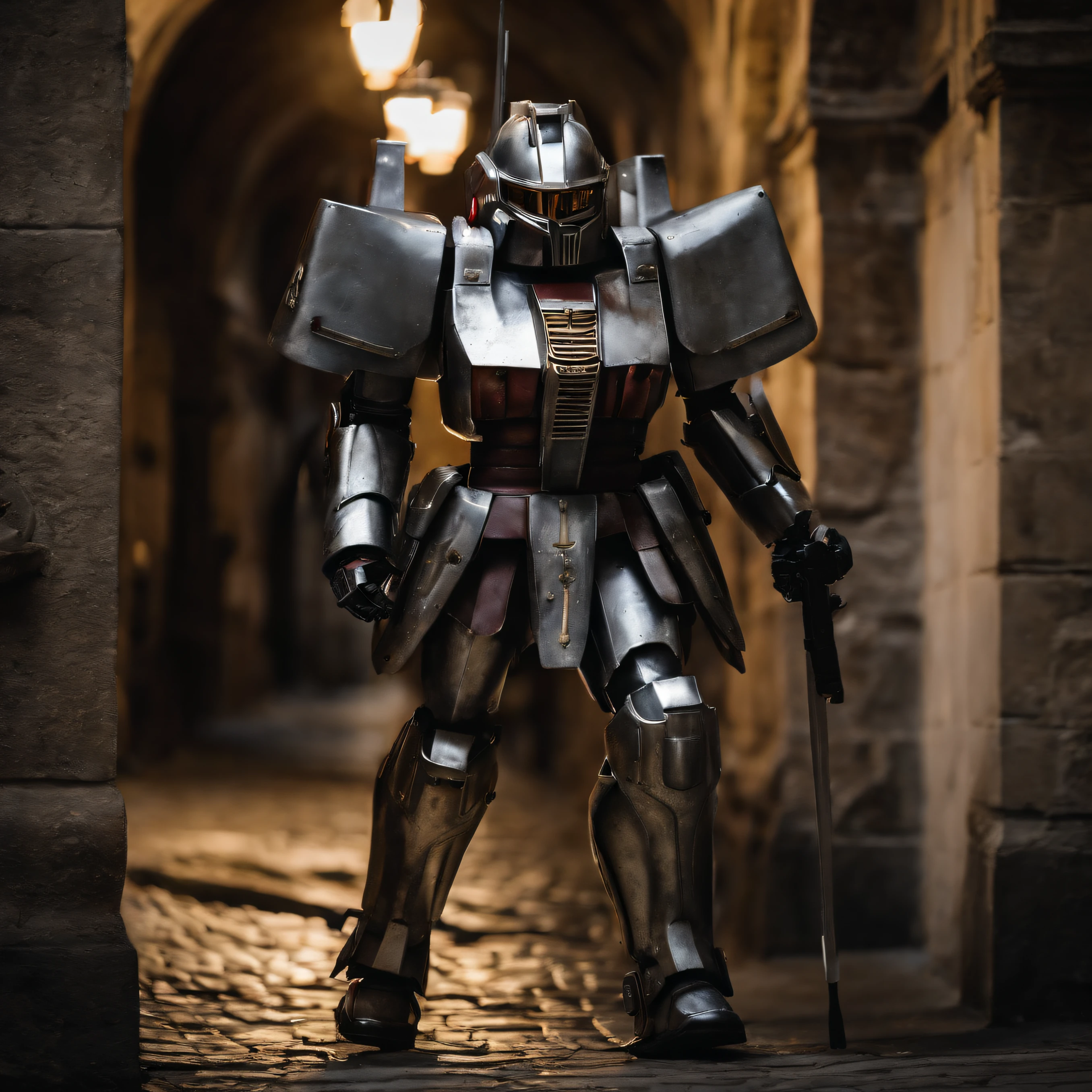 best composition、masutepiece、((Gundam corps wearing metal armor、Marching through the dark streets of medieval Europe at night、with a beam saber in hand))