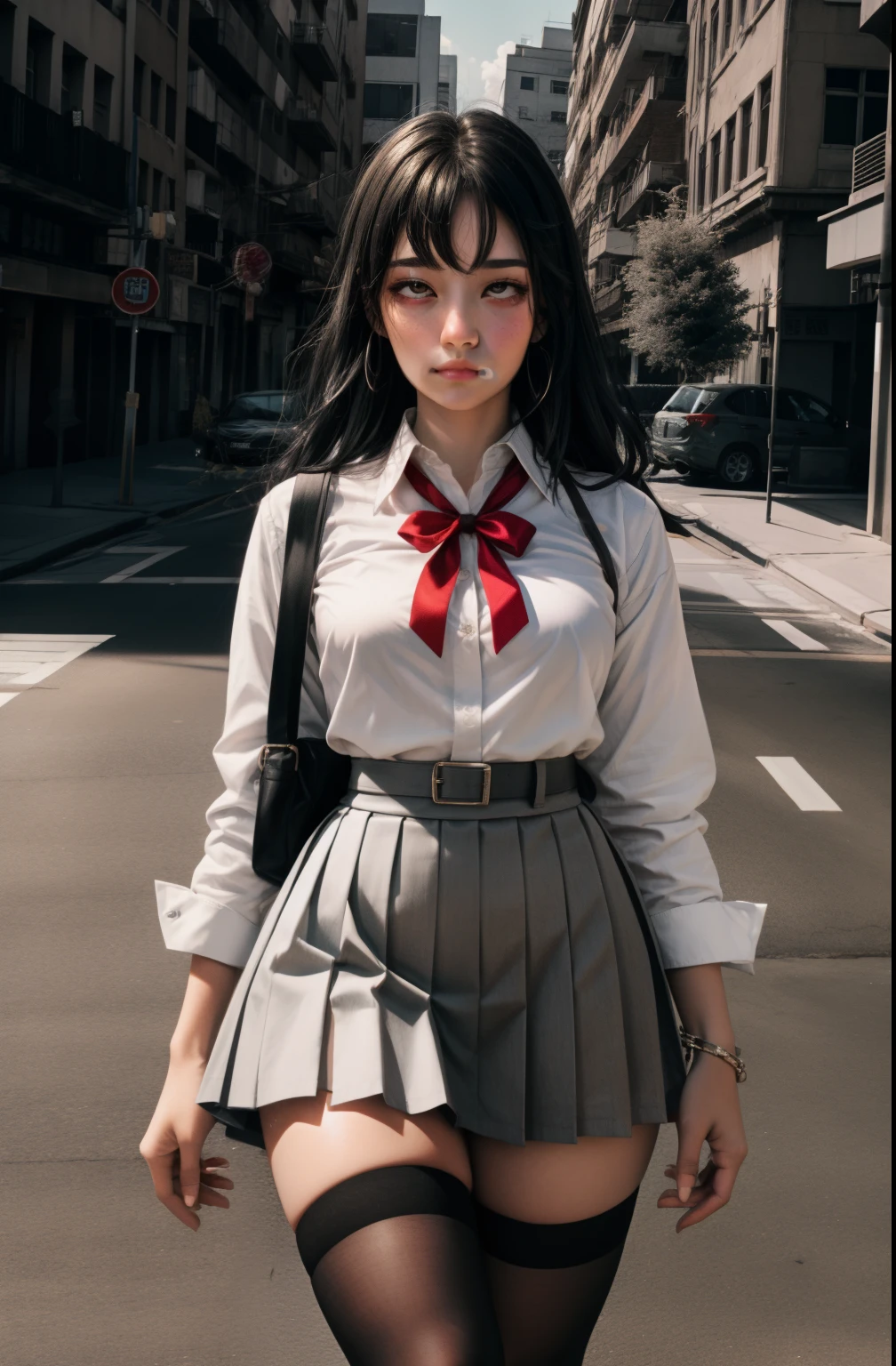 (full figure:1.1), 1 girl as yukino yukinoshita, absurdres, highres, solo, school uniform, big breasts, waist long black hair, (twintails:0.5), miniskirt, (black thighhigh socks:1.1), loose red ribbon, unbuttoned white shirt, (ahegao:1.2), (rolling eyes:1.2)