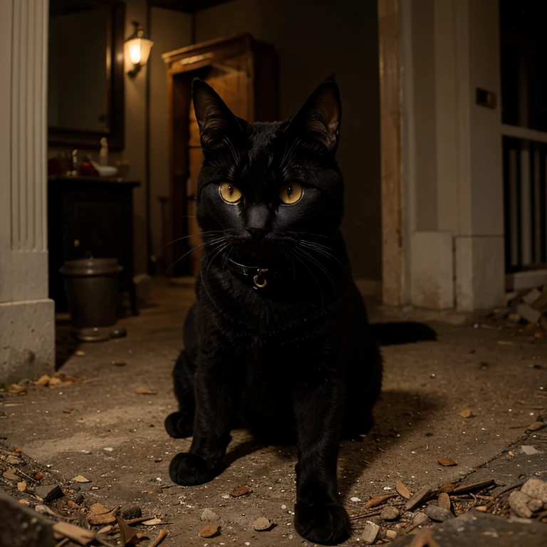 Gato crunch de cementerio de mascotas, gato negro tenebroso, terrifying yellow eyes, mirada horripilante, scary old house, es de noche, libro de step king, collar rojo, dientes puntiagudos