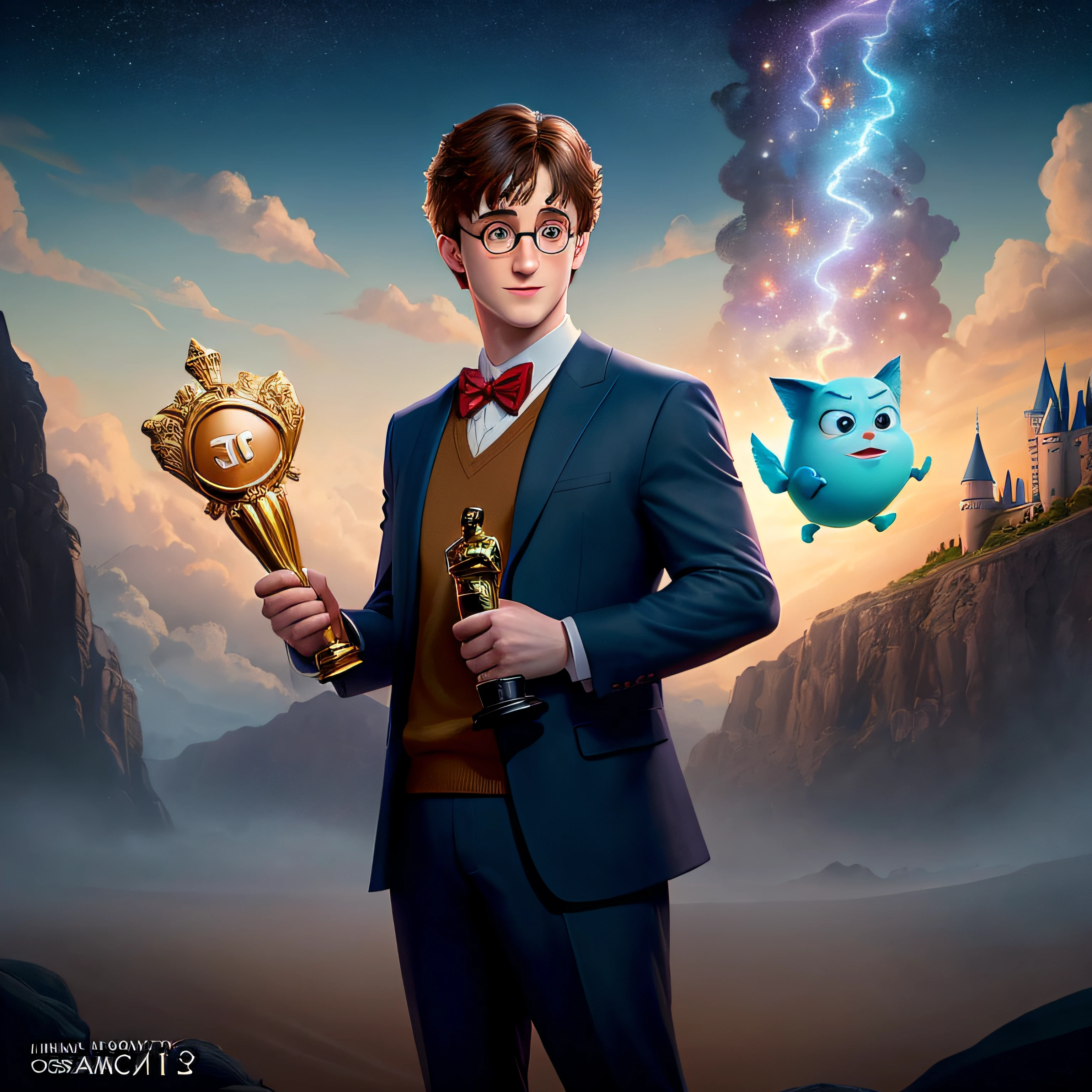 Create Disney Pixar-inspired movie posters. The main focus is Harry Potter holding the Oscar with one hand. a cena deve ser em close no personagem, da cintura para cima e no estilo de arte digital da Pixar. there must be no other characters in the scene and there must be nothing written.