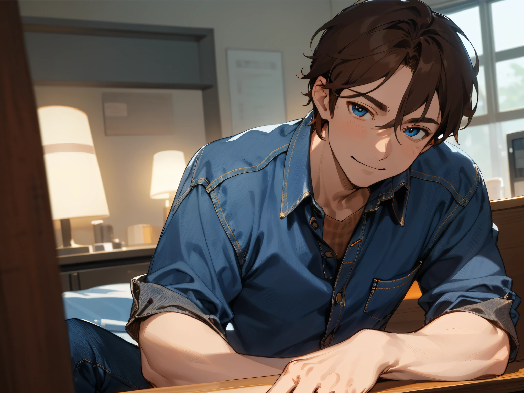 Upper body,a closeup,Man's,relaxed expression,Year's on,,ember, 36-years old,Cool,1 male、Brown hair,((Blue denim shirt)),(eyes are brown),Sitting at the bedside,Look into the camera,