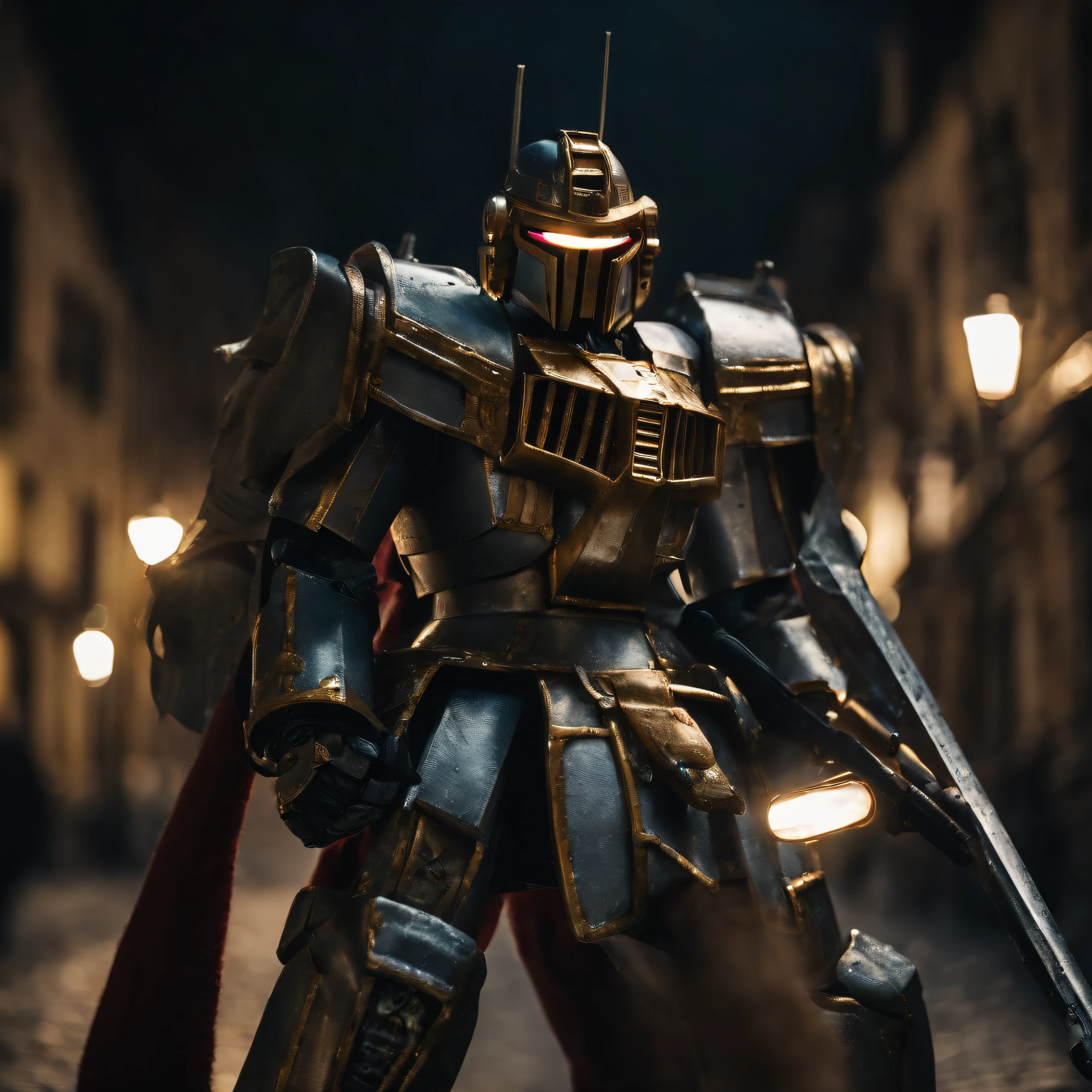 best composition、masutepiece、((Gundam corps wearing metal armor、Marching through the dark streets of medieval Europe at night、with a beam saber in hand))