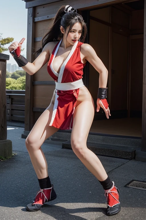 (mai shiranui:1.7), (tabi:2.0), (toe:1.2), (Full body portrait:2.0), Full body, (Realism), (masutepiece:2.0), (Best Quality), (ultra-detailliert), (8K, 4K, Convoluted), (Flat Lighting:1.2), (skinny), Prestige, Brown eyes, Long hair, brown eyes, long hair, brown hair, white ribbon, sleeveless, ponytail, sash, pelvic curtain, arm guards, gloves, tabi, fascinated expression, Sexy eyes, slim, medium breasts, Smile, Cute, view the viewer, Long hair, Close to Japan temple, (breasts focus:1.2), (Realistic:1.2), (Full Shot: 1.2), (85 mm), light Particle, Lighting, (Highly detailed:1.2), (Detailed face:1.2), (gradients), SFV, Colorful, (Detailed eyes:1.2), (Detailed temples of Japan: 1.2),(Detailed background), (Dynamic Angle:1.2), (Dynamic Pose:1.2), (Line of action:1.2), Wide Shot, Daylight, Solo.