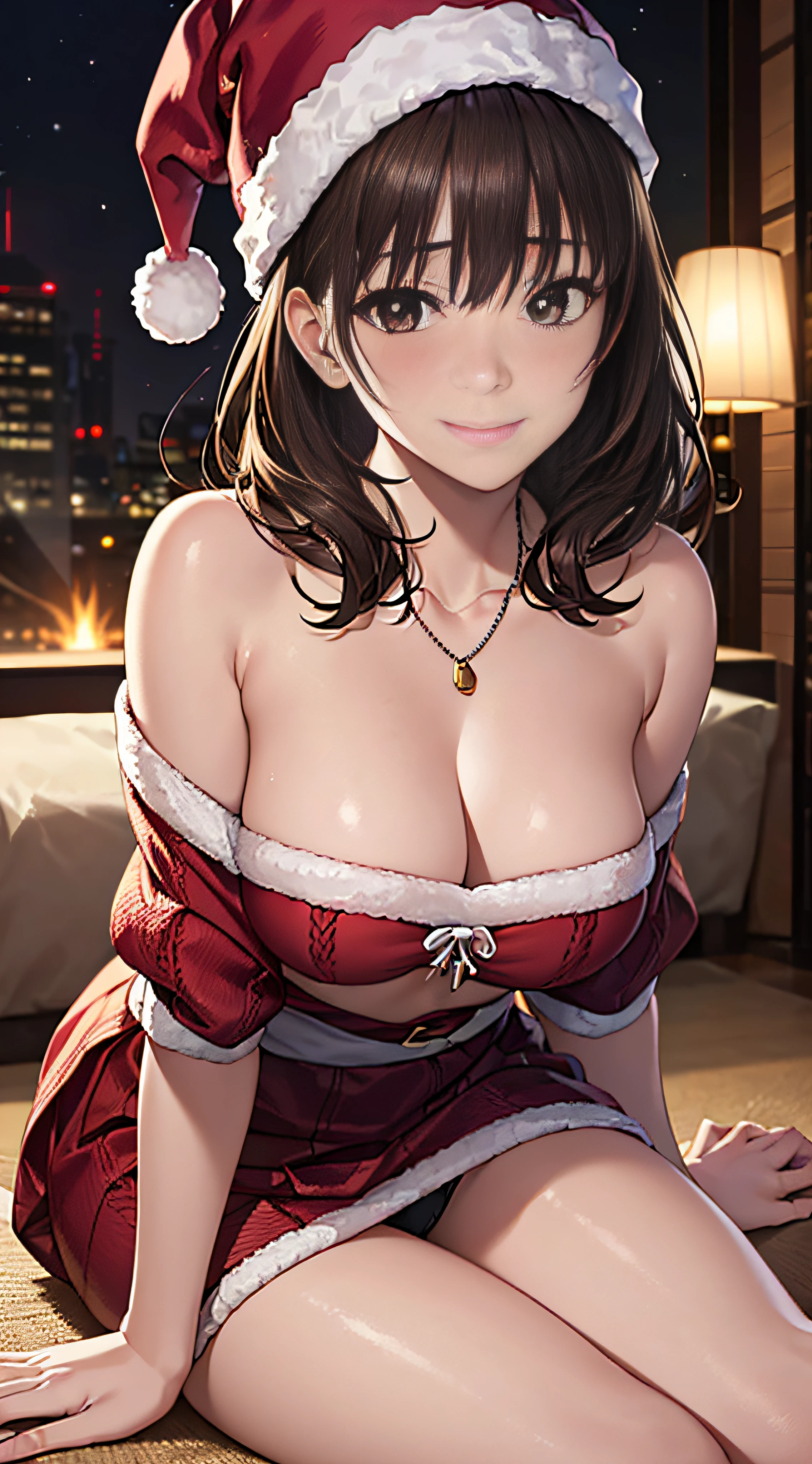((masutepiece, Best Quality, hight resolution, nffsw, Perfect Pixel, 4K, nffsw, nffsw))), 1girl in, Single, Solo, Beautie、full body seen、 ((Middle Wave Hair, Bangs, Brown hair)), ((Brown-eyed, Beautiful eyelashes, Realistic eyes)), ((Detailed face, Blushing:1.2)), ((Smooth texture:0.75, Realistic texture:0.65, Photorealistic:1.1, Anime CG style)), medium breasts, Dynamic Angle, Perfect body, (Santa Claus Costume、Red knitted hat、red and white off shoulder sweater、red and white flared skirt、Black garter stockings)、耳环、a necklace、sitting down on the floor、Pink panty、luxury hotel christmas party、 no-bra、(rub one's breasts)、、、, Lying down with a panicked smile.、、