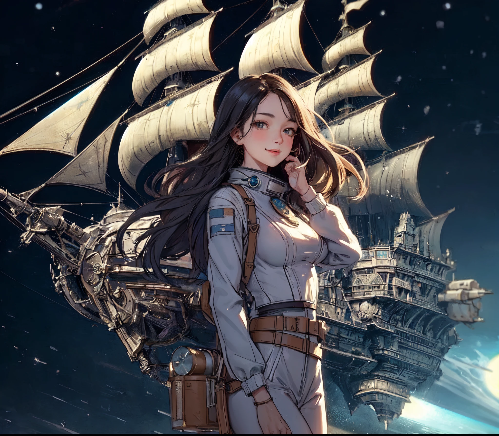 1lady solo, /(stylish spacesuit/), mature female, /(black hair/) bangs, blush kind smile, (eyes sparkling with fascination), (masterpiece best quality:1.2) delicate illustration ultra-detailed, large breast BREAK spaceship (medieval European-style sailboat:1.2), (floating in space) BREAK (spaceship indoors), huge window, vast expanse of space