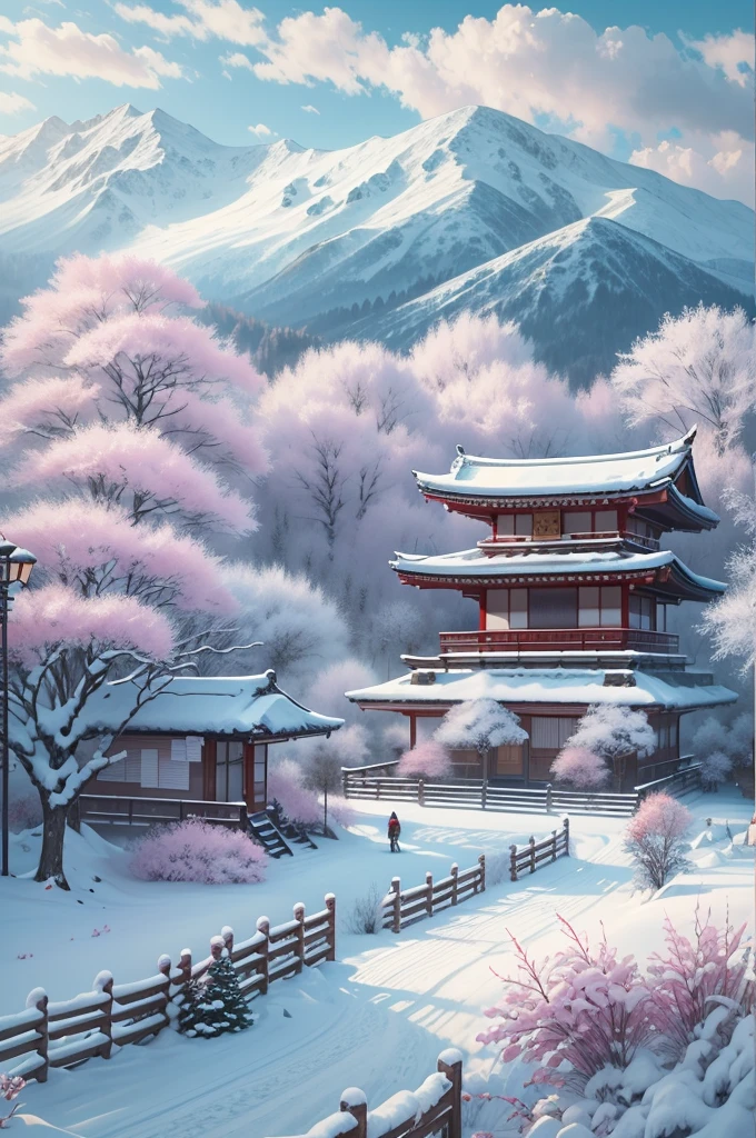(Best Quality, 8K, masutepiece :1.3), snow mountains, Quiet snow-capped landscape, Breathtaking natural landscapes, Outside, traditional japanese building, quiet mountain resort, A quiet winter wonderland, Snow-covered peaks, Majestic beauty, pristine white snow,
