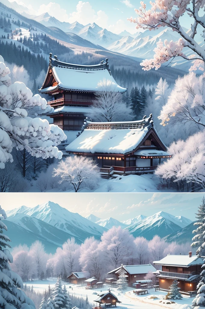 (Best Quality, 8K, masutepiece :1.3), snow mountains, Quiet snow-capped landscape, Breathtaking natural landscapes, Outside, traditional japanese building, quiet mountain resort, A quiet winter wonderland, Snow-covered peaks, Majestic beauty, pristine white snow,