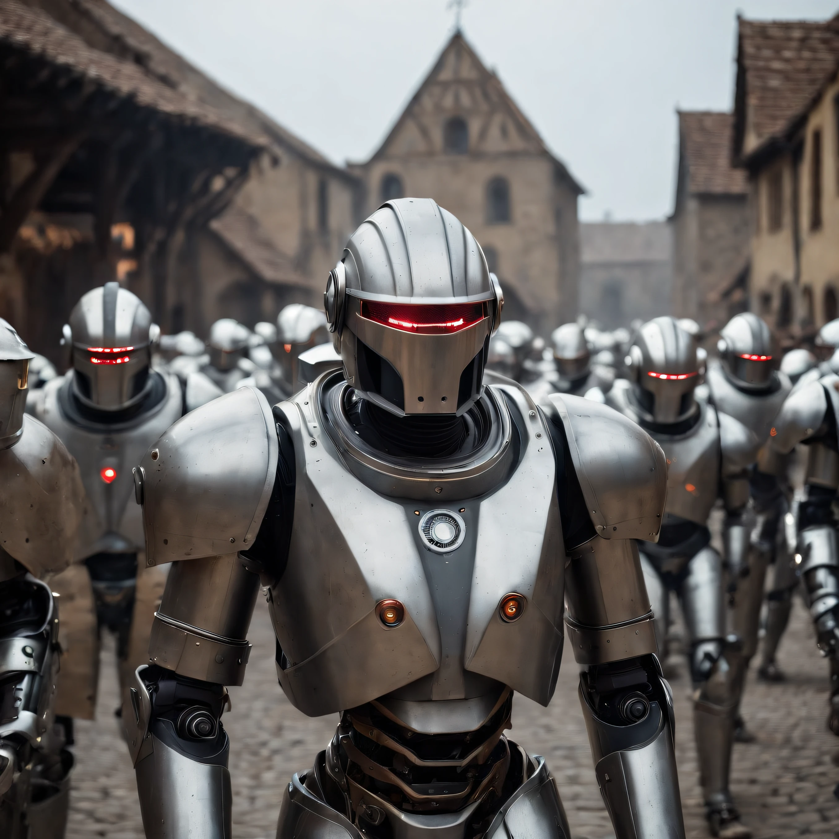 best composition、masutepiece、((An army of robots in metal armor marches through the dark streets of medieval Europe.、The robot has a shield that emits laser light.、holds a laser sword。.))