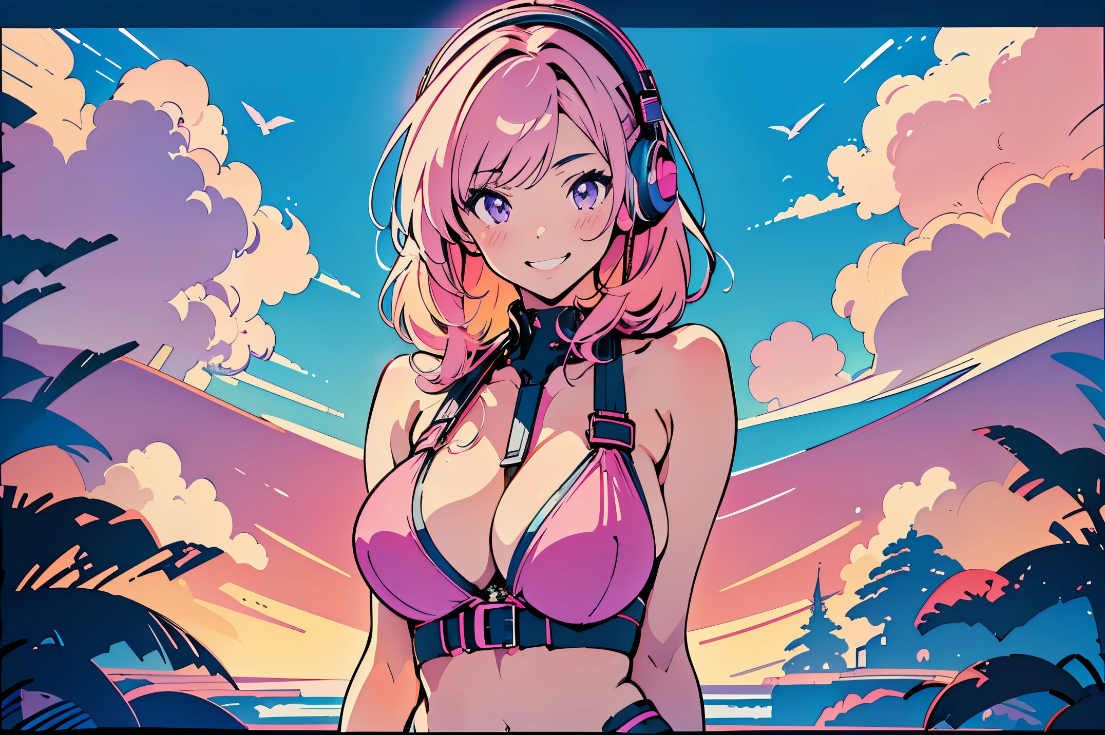(best quality,4k,8k,highres,masterpiece:1.2),ultra-detailed, anime style, vapor wave aesthetic, line art, huge , bimbo, thicc waifu:1.5, bikini with harness, purple and hot pink background, setting sun, erotic pose:earing large headphones, waifu, seductive expression:1.2, smile with teeth