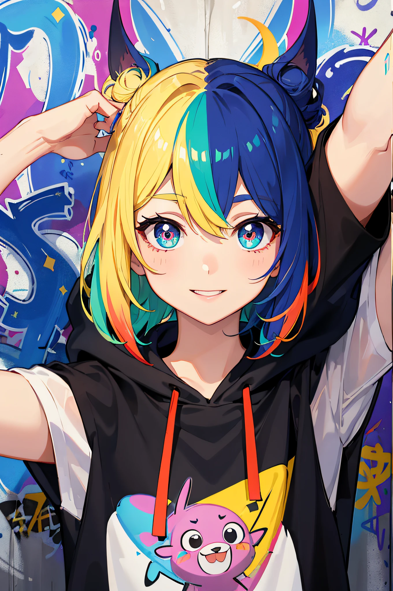 Master masterpiece, hightquality, hight resolution, absurderes, ultra-detailliert, 1girl in, Multi-colored hair, ,Bright smile,Well-formed face,Dynamic Poses,Cute, Pop,Colorful hair、Big eyes,Gradient Hair, Colorful eyes, colorful hoodie, (graffiti murals wall background: 1.15),