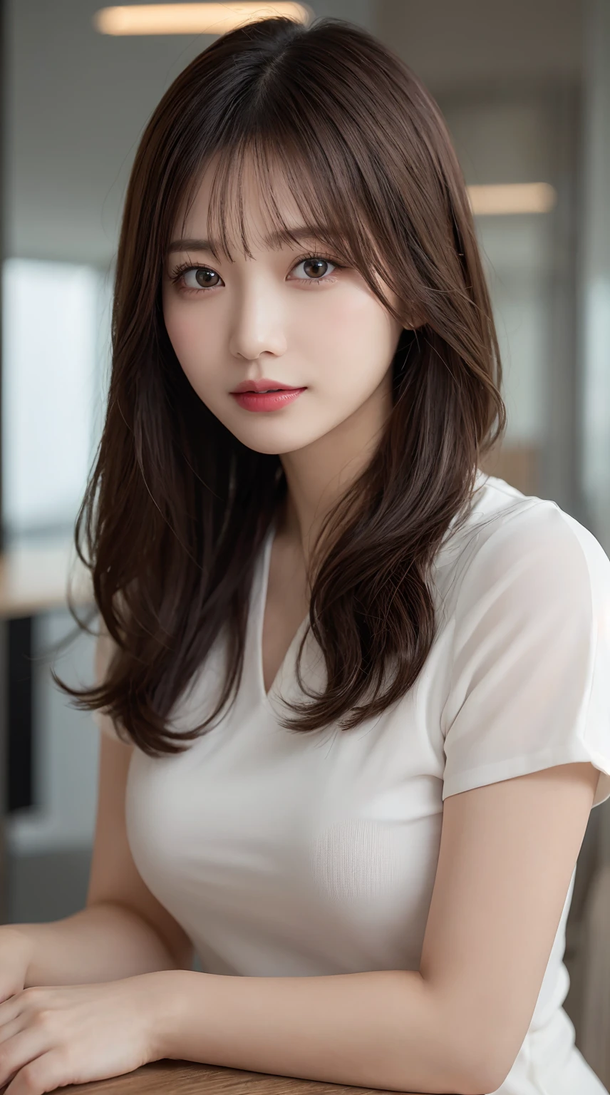 On a table, Best quality at best, Lighting, ultra - detailed, Detailed pubic hair, A high resolution, 8k wallpaper, Perfect dynamic composition, beautidful eyes, office attire,bob hair, Natural lip color, ,ssmile,20岁女孩、Huge titanium alloy cavity