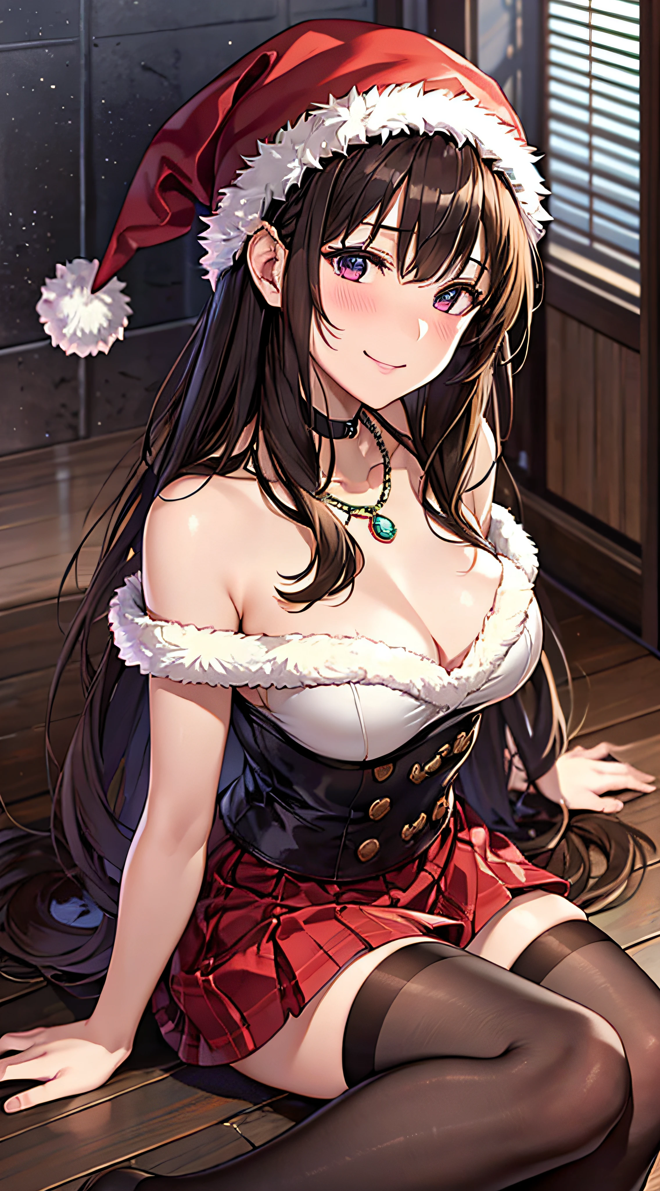 ((masutepiece, Best Quality, hight resolution, nffsw, Perfect Pixel, 4K, nffsw, nffsw))), 1girl in, Single, Solo, Beautie、full body seen、 ((Middle Wave Hair, Bangs, Brown hair)), ((Brown-eyed, Beautiful eyelashes, Realistic eyes)), ((Detailed face, Blushing:1.2)), ((Smooth texture:0.75, Realistic texture:0.65, Photorealistic:1.1, Anime CG style)), medium breasts, Dynamic Angle, Perfect body, (Santa Claus Costume、Red knitted hat、red and white off shoulder sweater、red and white flared skirt、Black garter stockings)、耳环、a necklace、sitting down on the floor、Pink panty、luxury hotel christmas party、()、、、(embarrassed, Ashamed, Lying down with a panicked smile.、、