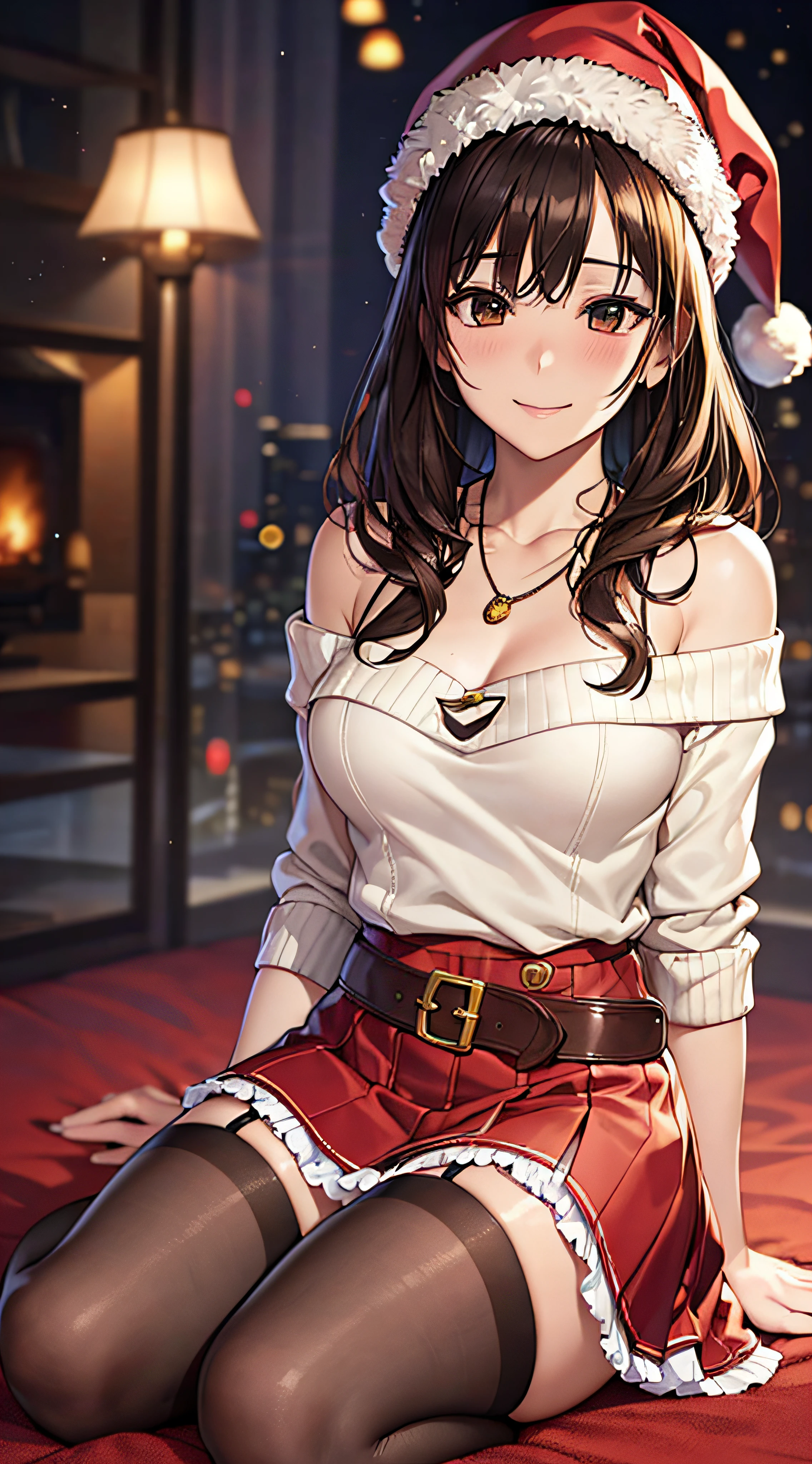 ((masutepiece, Best Quality, hight resolution, nffsw, Perfect Pixel, 4K, nffsw, nffsw))), 1girl in, Single, Solo, Beautie、full body seen、 ((Middle Wave Hair, Bangs, Brown hair)), ((Brown-eyed, Beautiful eyelashes, Realistic eyes)), ((Detailed face, Blushing:1.2)), ((Smooth texture:0.75, Realistic texture:0.65, Photorealistic:1.1, Anime CG style)), medium breasts, Dynamic Angle, Perfect body, (Santa Claus Costume、Red knitted hat、red and white off shoulder sweater、red and white flared skirt、Black garter stockings)、耳环、a necklace、sitting down on the floor、Pink panty、luxury hotel christmas party、()、、、(embarrassed, Ashamed, Lying down with a panicked smile.、、