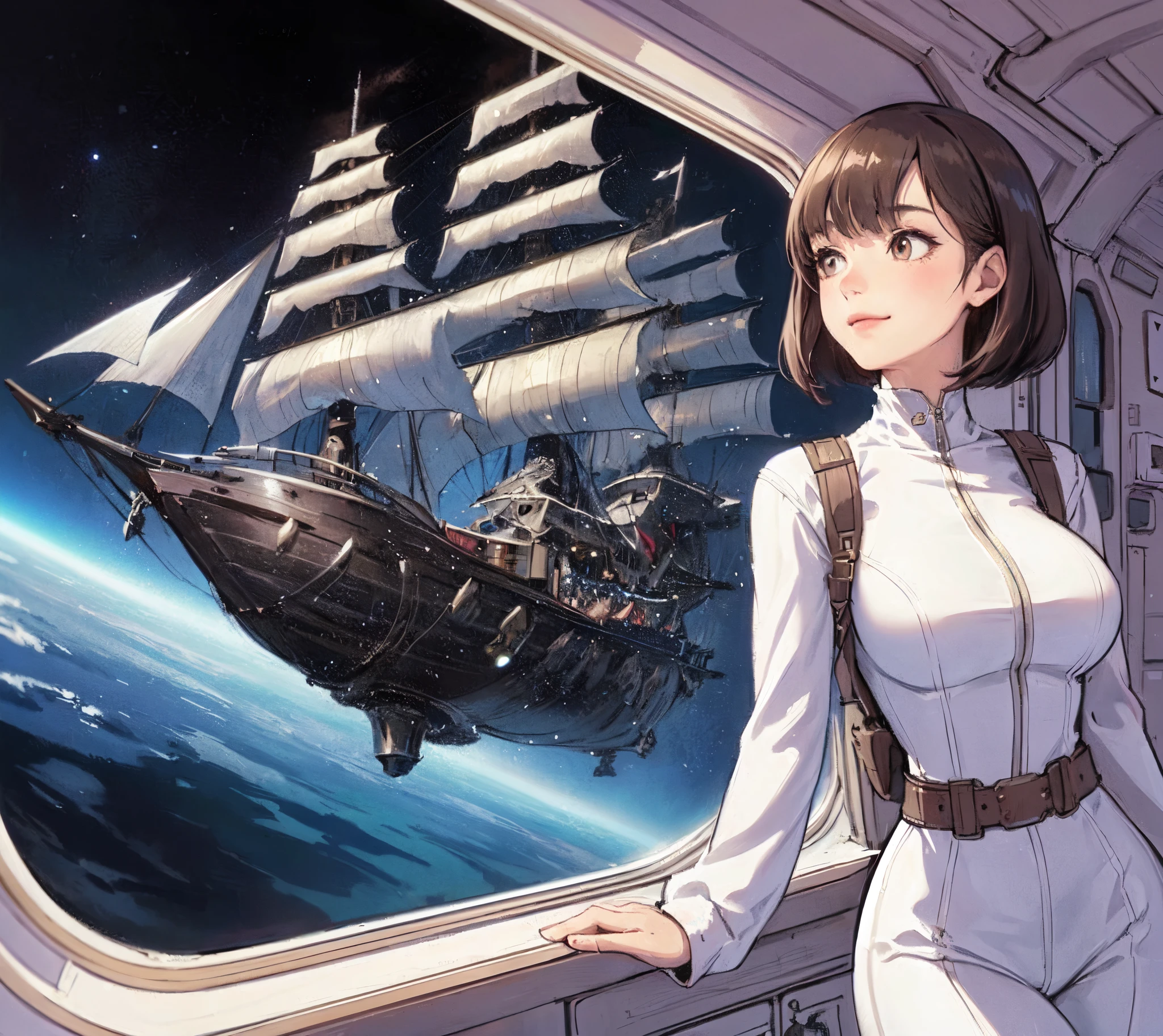 1lady solo, (looking out of the window), /(stylish spacesuit/), mature female, /(dark brown hair/) bangs, blush light smile, (eyes sparkling with fascination), (masterpiece best quality:1.2) delicate illustration ultra-detailed, large breast BREAK spaceship (medieval European-style sailboat:1.2), (floating in space) BREAK (spaceship indoors), huge window, vast expanse of space