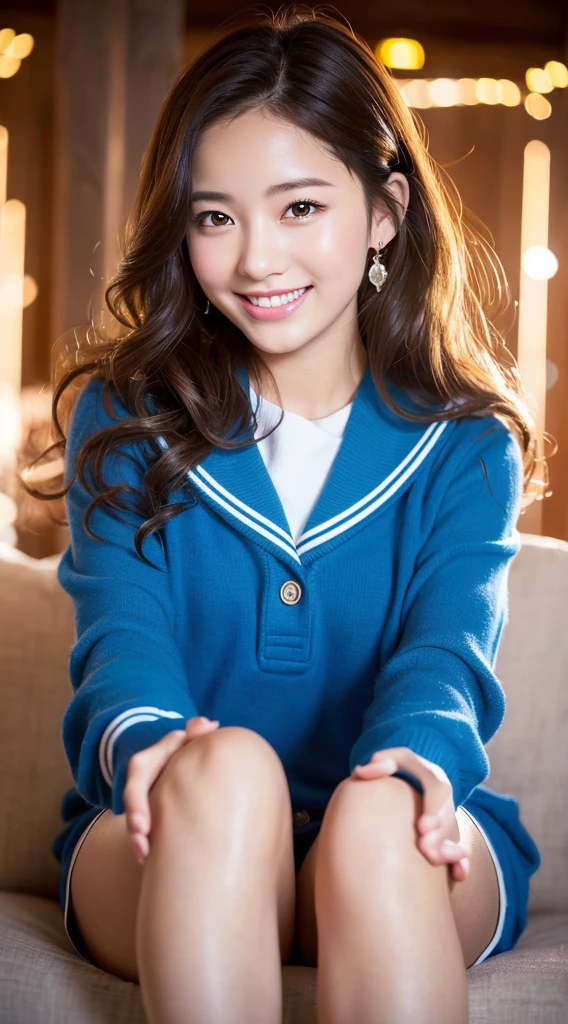 Enhanced dynamic perspective,((top-quality,8K,masterpiece,Photorealsitic)),Very cute beautiful girl,sixteen years old,JK school uniform,Look at me and smile, backgound,Works of masters,high quarity,4K resolution,super-fine,Detailed pubic hair,((accurate hands without incongruity,Precise feet without discomfort)),Cinematic lighting,Joyful expression,Magical atmosphere,Soft lighting,Vivid colors,Happiness,laught,Welcoming environment,Smiling eyes,Curly hair,Peace and quiet,