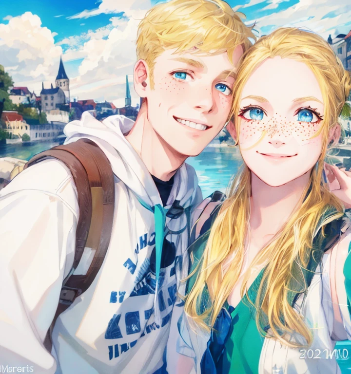 Arafed junger Mann und Frau machen ein Selfie an einem Fluss, Urlaubsfoto, Profilbild 1024px, mit Bergen im Hintergrund, beautiful blonde woman with green eyes and freckles, handsome blonde man with blue eyes,