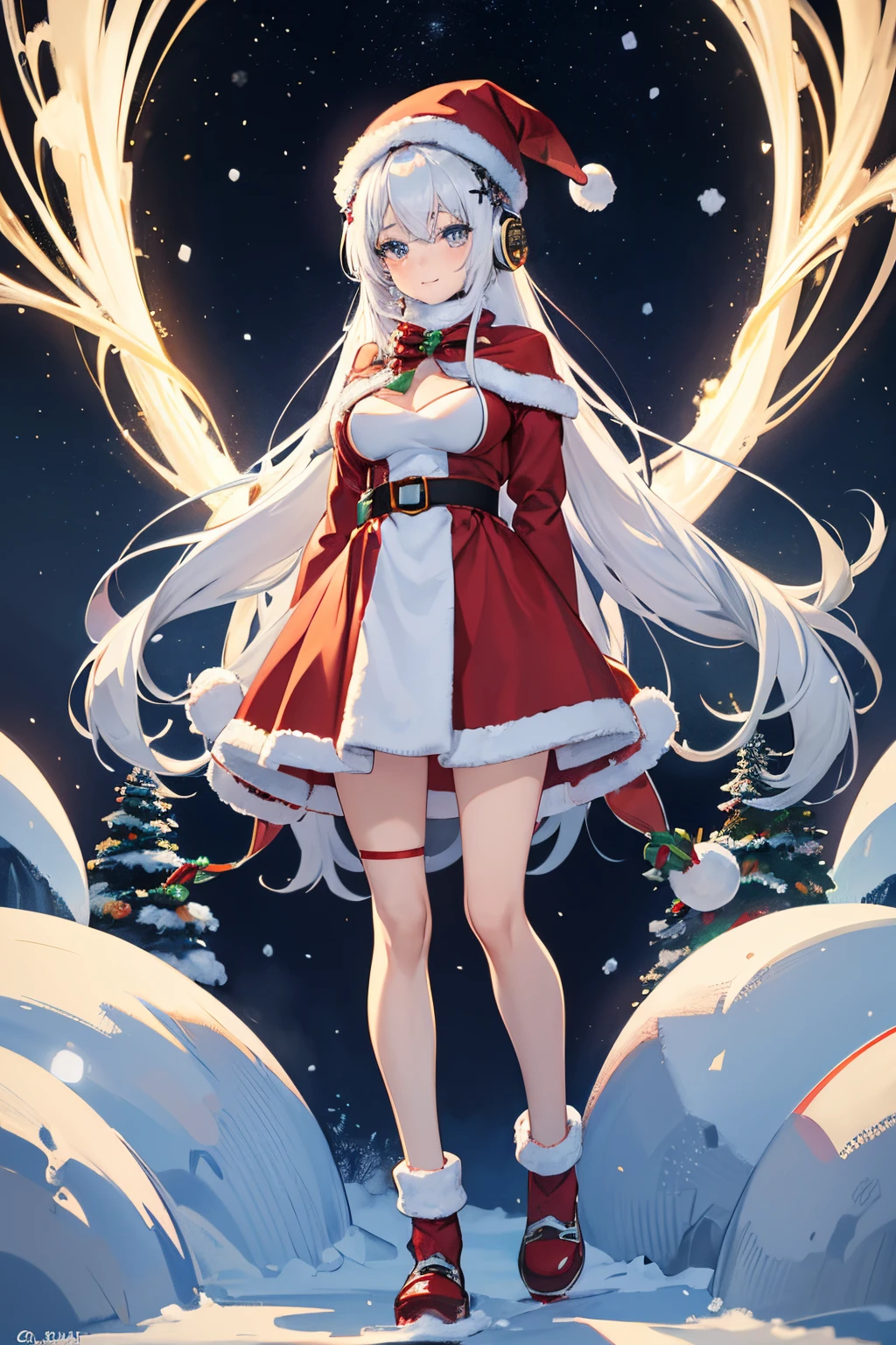 "anime girl, 1 person, silver white hair mixed with black, blue eyes, wearing headphones, Santa hat, Santa shirt, Santa suit, Christmas suit, winter suit, colored winter dress red, big breasts, long socks, standing cross-legged, smiling shyly, blushing, looking sideways, cold winter, snowing, suitable for Christmas gifts, Christmas, solo(full HD 4K+ Image)"