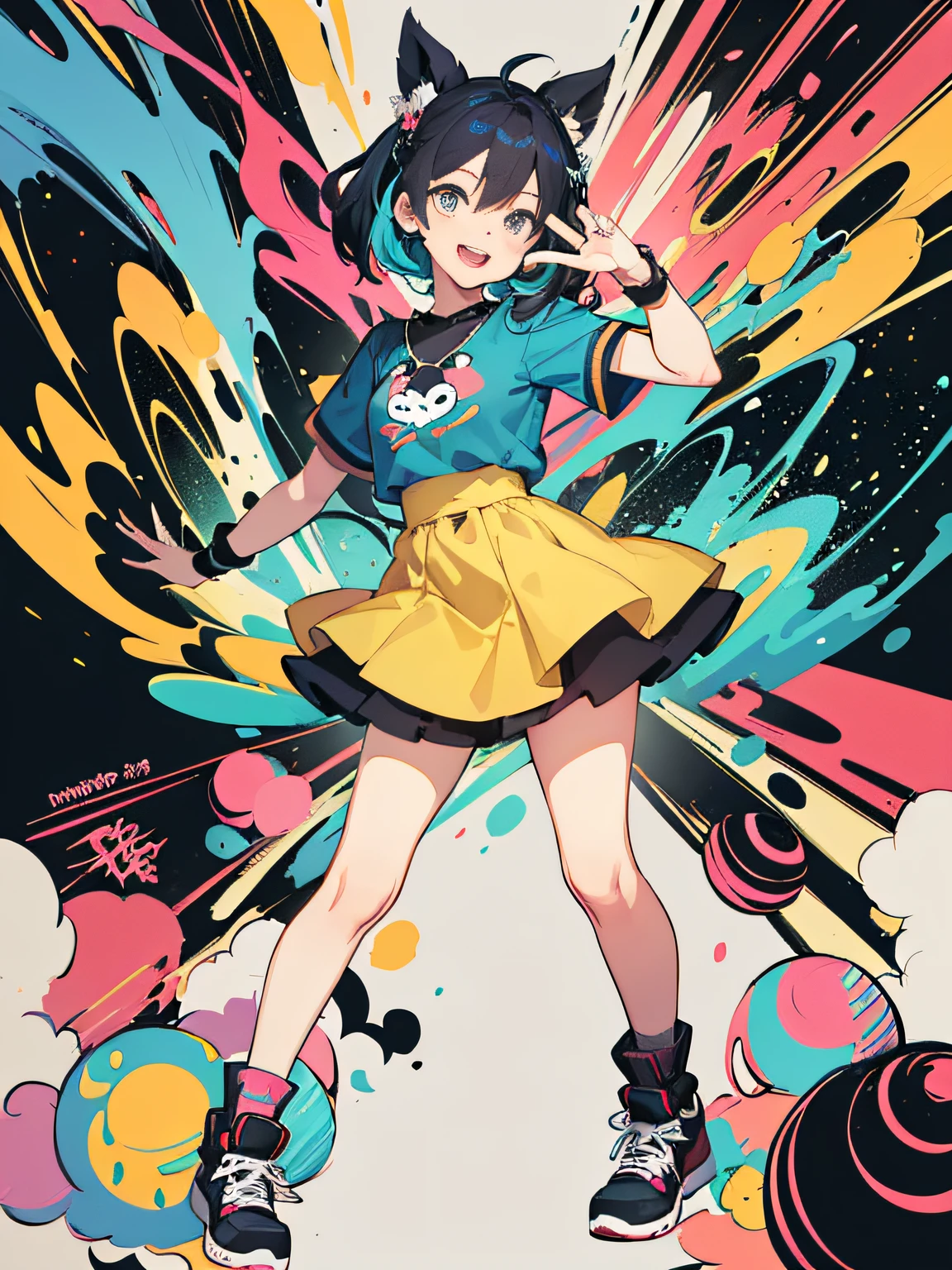 1 girl,,(Cartoon style:1.4),Bright smile,Well-formed face,Dynamic pose,Cute,Pop,Full body,Colorful hair,Big eyes,(Ink design background:1.3),Colorful clothes based on white