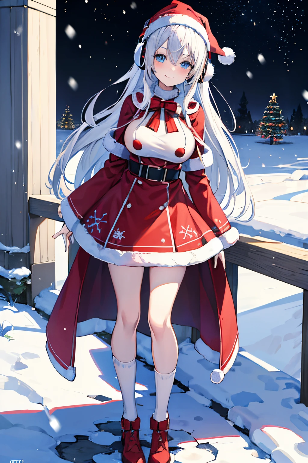 "anime girl, 1 person, silver white hair mixed with black, blue eyes, wearing headphones, Santa shirt, Santa outfit, Christmas outfit, winter outfit, red winter dress, big breasts, long socks, standing cross-legged, smiling shyly, blushing, looking sideways, cold winter, snowing, suitable for Christmas gifts, Christmas, solo(full HD Image 4K+)"