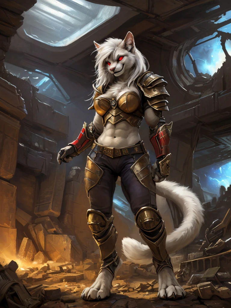 ((pov)), highres, white werecat, steampunk, furry, (anthro human cat), furry female, (white body), white mane, white hair, (full body), (standing), looking at viewer, greedy, (angry), (menacing), bloodthirsty, ((evil smile)), crazy, (seductive), (charming), ((abdominal)), ((Futuristic chest armor)), muscular, massice biceps, wide waist, Broad shoulders, Strong thighs, warhammer 40k, warhammer art, ((1 tail)), (glowing red eyes), solo, (perfect female body), female, tojo the thief, kenket, chunie, darkgem, anthro, ((detailed face)), (spaceship), (white fur), detailed realistic painting, night, ruins, (ultra detailed), detailed background, digitigrade, The very detailed, depth of field, unreal engine, (masterpiece), anatomically correct