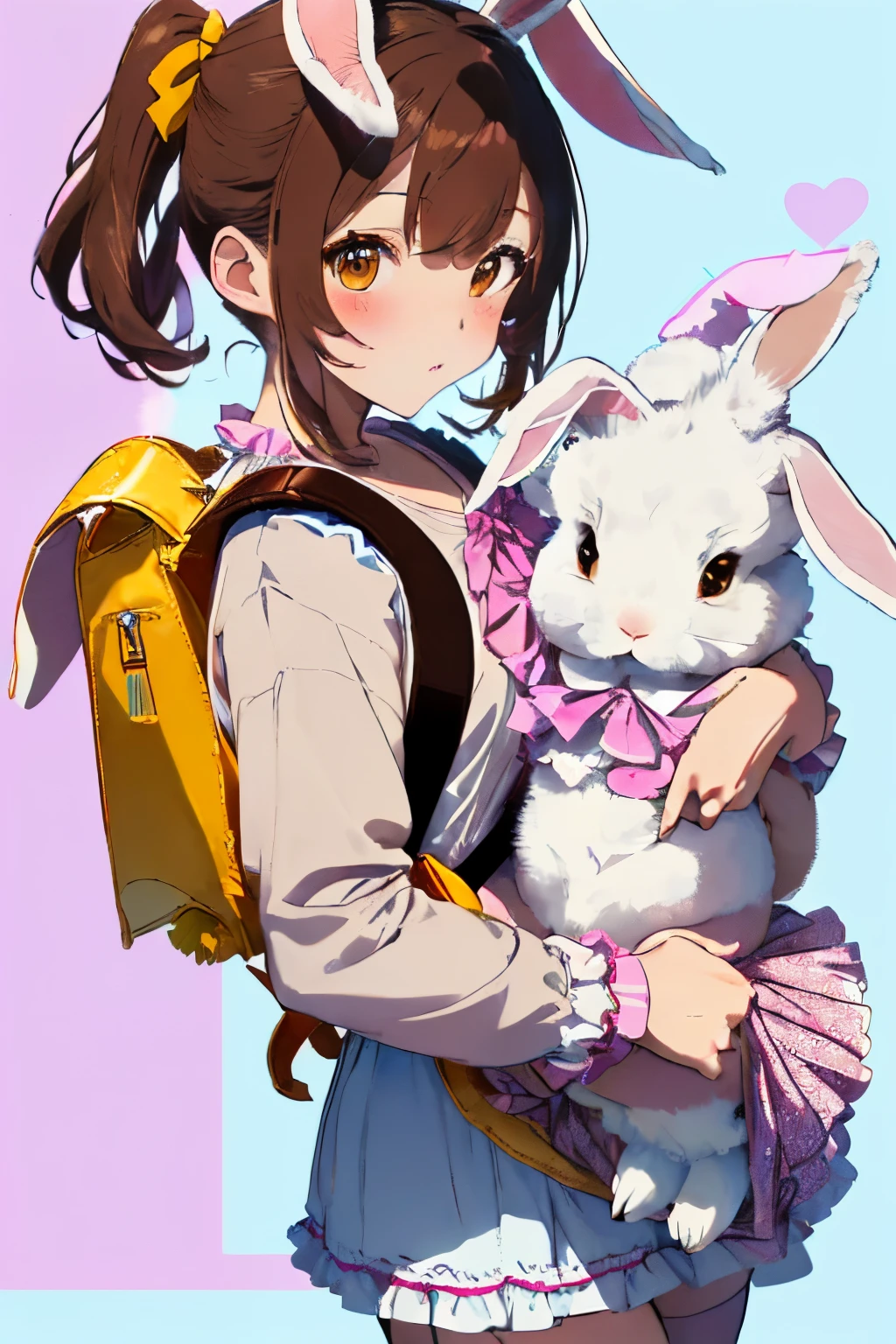 ((Brown hair)),((Brown eyes lay withered short hair)),(With bangs),Slight red tide,(Rabbit ),(Clothing with a lot of frills:1.5),(Navel Bow Style),(Gorgeous and cute costumes like idols:1.2),(Rabbit tail:1.25),(paint art on the body:1.2),(Colorful and cute world view),(Cute poses:1.25),(close up of face:1.2),(white, Pink, Light blue, orange, yellow, yellow red meat, Light purple, and blue),(Carrying a rabbit-shaped backpack:1.25),