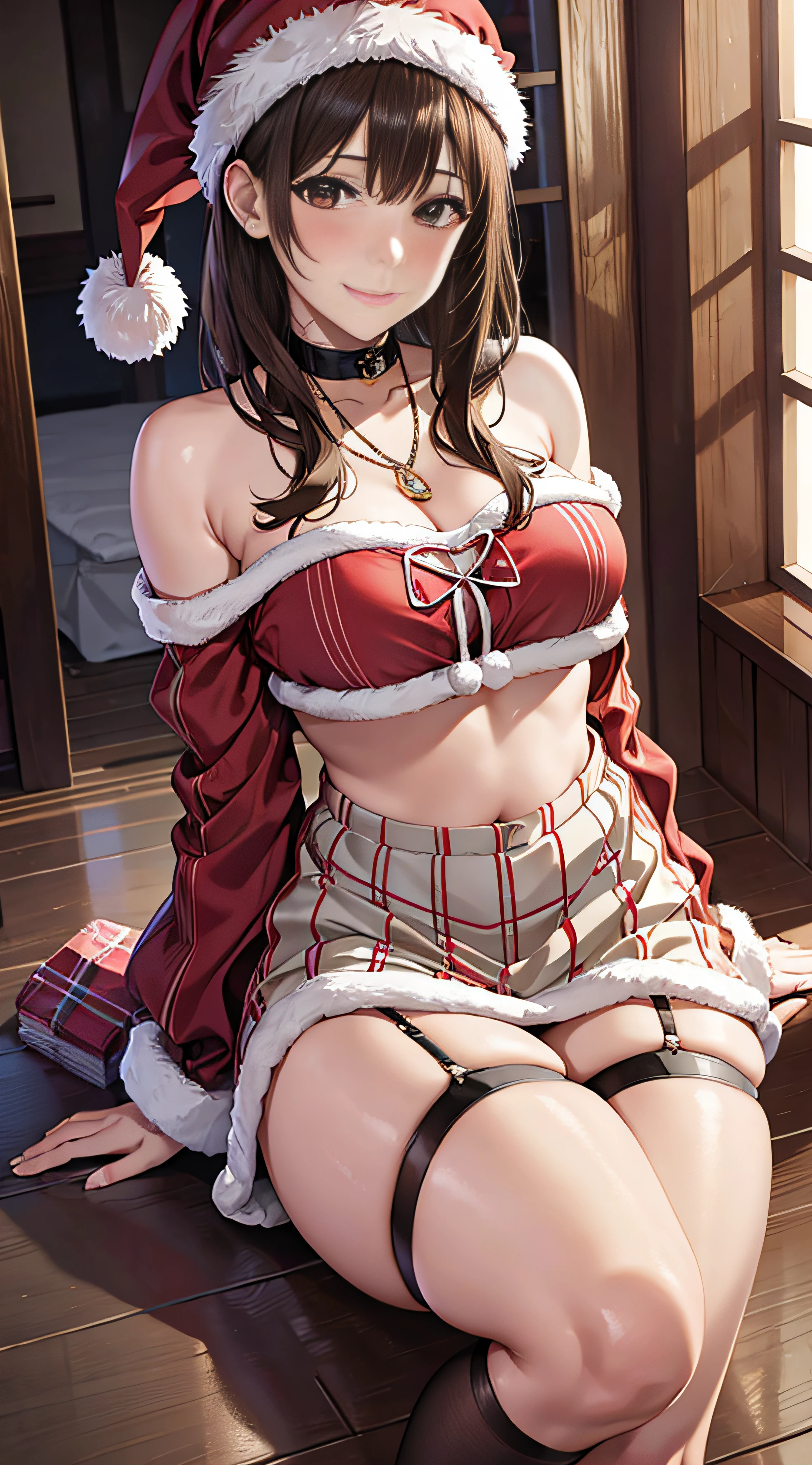 ((masutepiece, Best Quality, hight resolution, nffsw, Perfect Pixel, 4K, nffsw, nffsw))), 1girl in, Single, Solo, Beautie、full body seen、 ((Middle Wave Hair, Bangs, Brown hair)), ((Brown-eyed, Beautiful eyelashes, Realistic eyes)), ((Detailed face, Blushing:1.2)), ((Smooth texture:0.75, Realistic texture:0.65, Photorealistic:1.1, Anime CG style)), medium breasts, Dynamic Angle, Perfect body, (Santa Claus Costume、Red knitted hat、red and white off shoulder sweater、red and white flared skirt、Black garter stockings)、耳环、a necklace、sitting down on the floor、Pink panty、luxury hotel christmas party、 no-bra、(rub one's breasts)、、、, Lying down with a panicked smile.、、