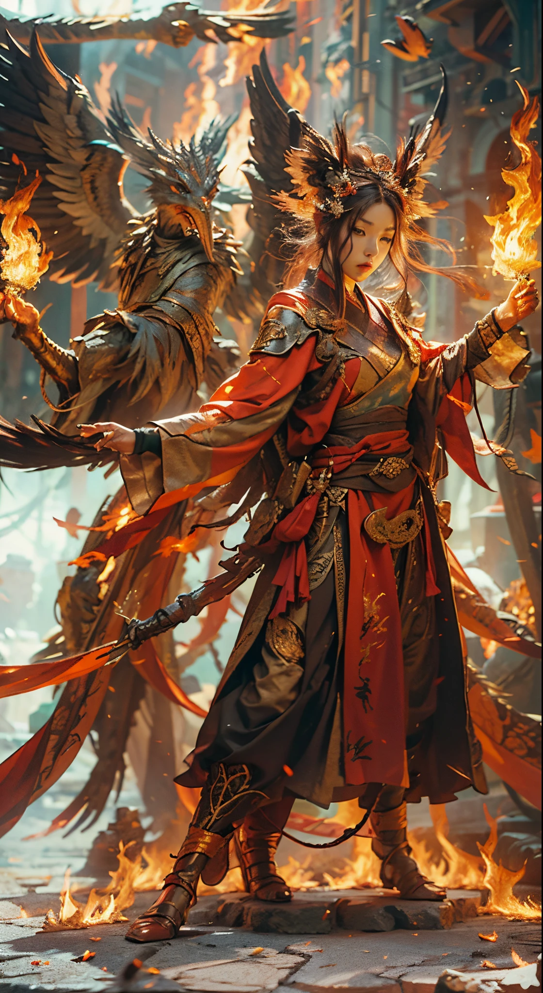 1girll，Flame mage dressed in fiery red（Chinese Hanfu），The robe was embroidered with intricate runes and ornamentudes a burning breath。He was tall and strong，Hands up，Powerful fire spells are being unleashed。His eyes were firm and sharp，A flash of fire flashed in his eyeehind the Flame Mage，（A huge flame phoenix spread its wings and flew：1.2），（The feathers of the phoenix burned with roaring flames），It shines brightly，Its body is surrounded by flamelame feathers danced，Form a spectacular flaming six-pointed star array pattern，Full of mysterious magic，The whole scene is full of fiery aura and passion for fighting，Large areas of flame spells bloomed in the air，A brilliant arc of flame and flying sparks formed，（Flame Mage and Phoenix），It appears majestic and mysterious in the midst of raging fires，Like the embodiment of fire and magic，red hair，high detal，ultra-realistic realism，Verism，（（Bust photo）），（real photograph：1.4），（lightand shade contrast），cinmatic lighting，Realistic special effects，c4d渲染，rendering by octane，Ray traching，in a panoramic view，angle of view，textureskin，super detailing，hyper HD，tmasterpiece，anatomy correct，best qualtiy，A high resolution，8K