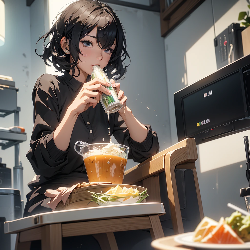 A middle-aged woman with short wavy hair, sitting, eating, at home, of the best quality, perfect details, super complex details, precise art, 8K resolution, anime style, dynamic blur, spray gun art, —ar 3:4 —stylize 584 —niji 5