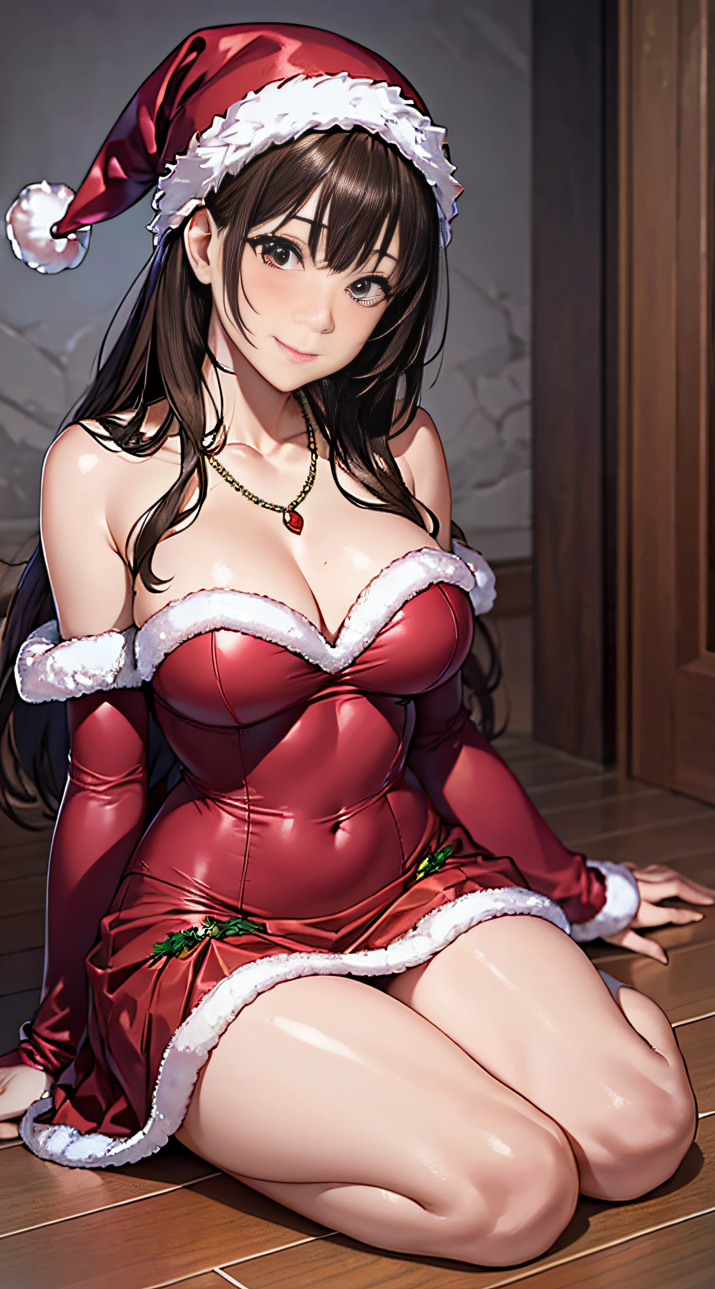 ((masutepiece, Best Quality, hight resolution, nffsw, Perfect Pixel, 4K, nffsw, nffsw))), 1girl in, Single, Solo, Beautie、full body seen、 ((Middle Wave Hair, Bangs, Brown hair)), ((Brown-eyed, Beautiful eyelashes, Realistic eyes)), ((Detailed face, Blushing:1.2)), ((Smooth texture:0.75, Realistic texture:0.65, Photorealistic:1.1, Anime CG style)), medium breasts, Dynamic Angle, Perfect body, (Santa Claus Costume、Red knitted hat、red and white off shoulder sweater、red and white flared skirt、Black garter stockings)、耳环、a necklace、sitting down on the floor、Pink panty、luxury hotel christmas party、 no-bra、(rub one's breasts)、、、, Lying down with a panicked smile.、、