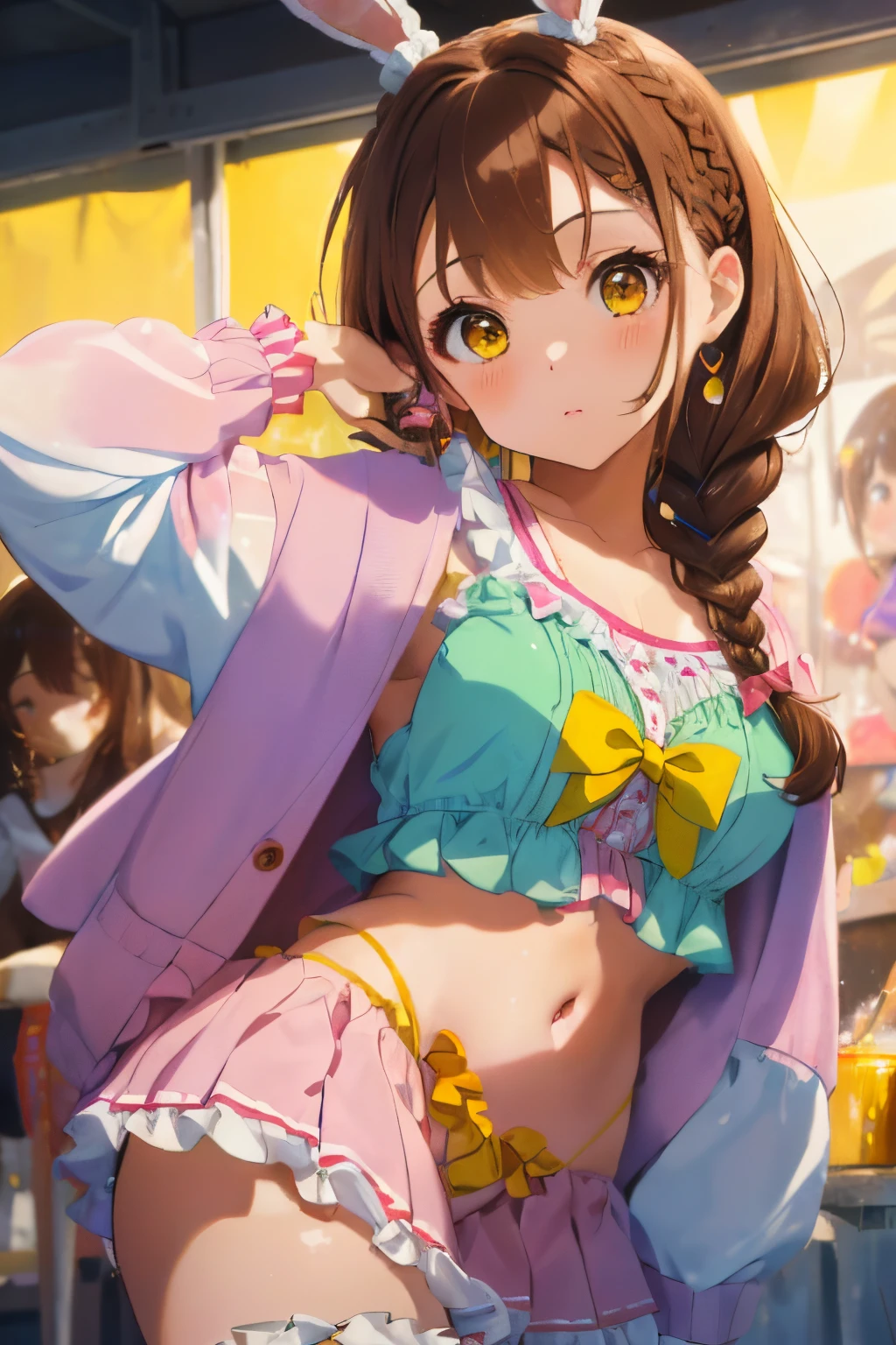 ((Brown hair)),((Brown eyes)),((Braided shorthair)),(With bangs),Slight red tide,(Rabbit Cosplay),(Clothes with lots of frills:1.5),(Navel Bow Style),(Gorgeous and cute clothes like an idol:1.2),(Rabbit tail:1.25),(paint art on body:1.2),(Colorful and cute world view),(Cute poses:1.25),(close up of face:1.2),(White, pink, light blue, orange, yellow, yellow-green, light purple, and blue),