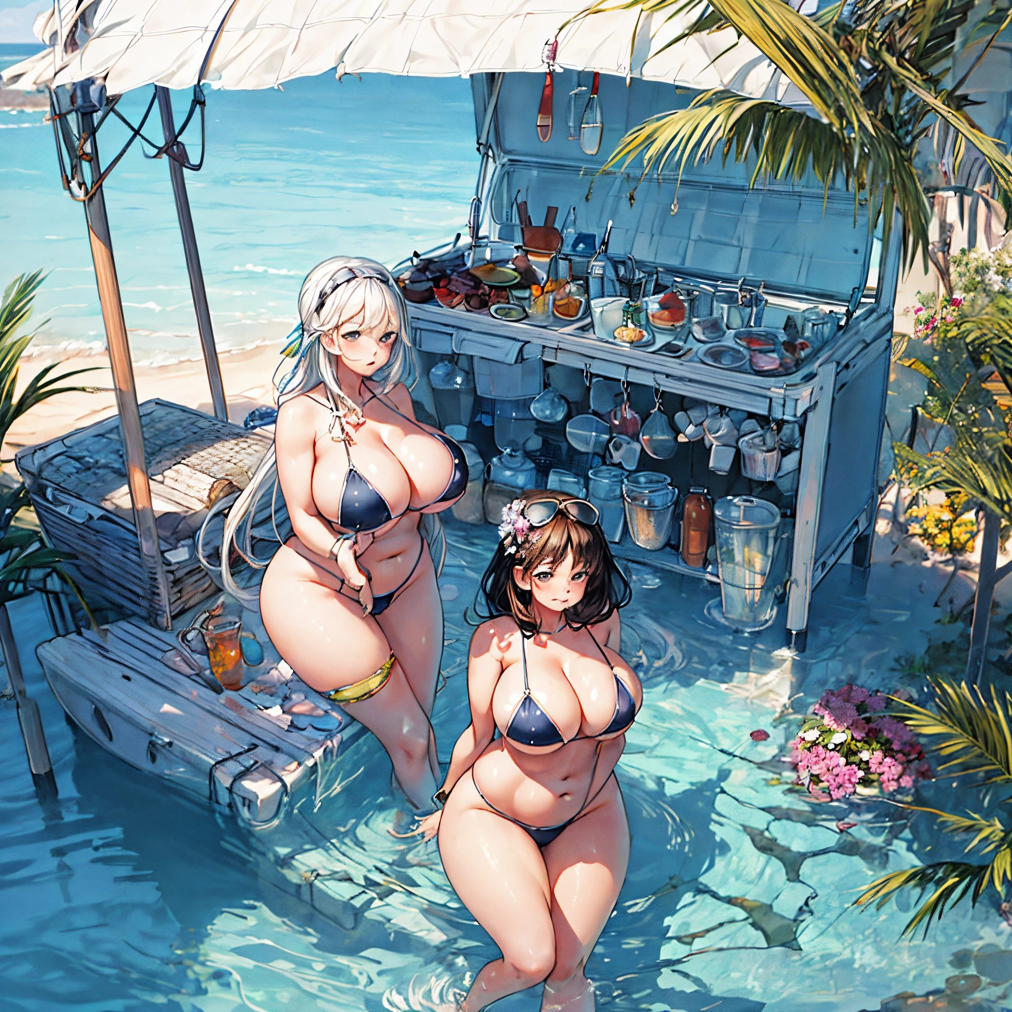 By the sea in summer,a plump woman,in a bikini