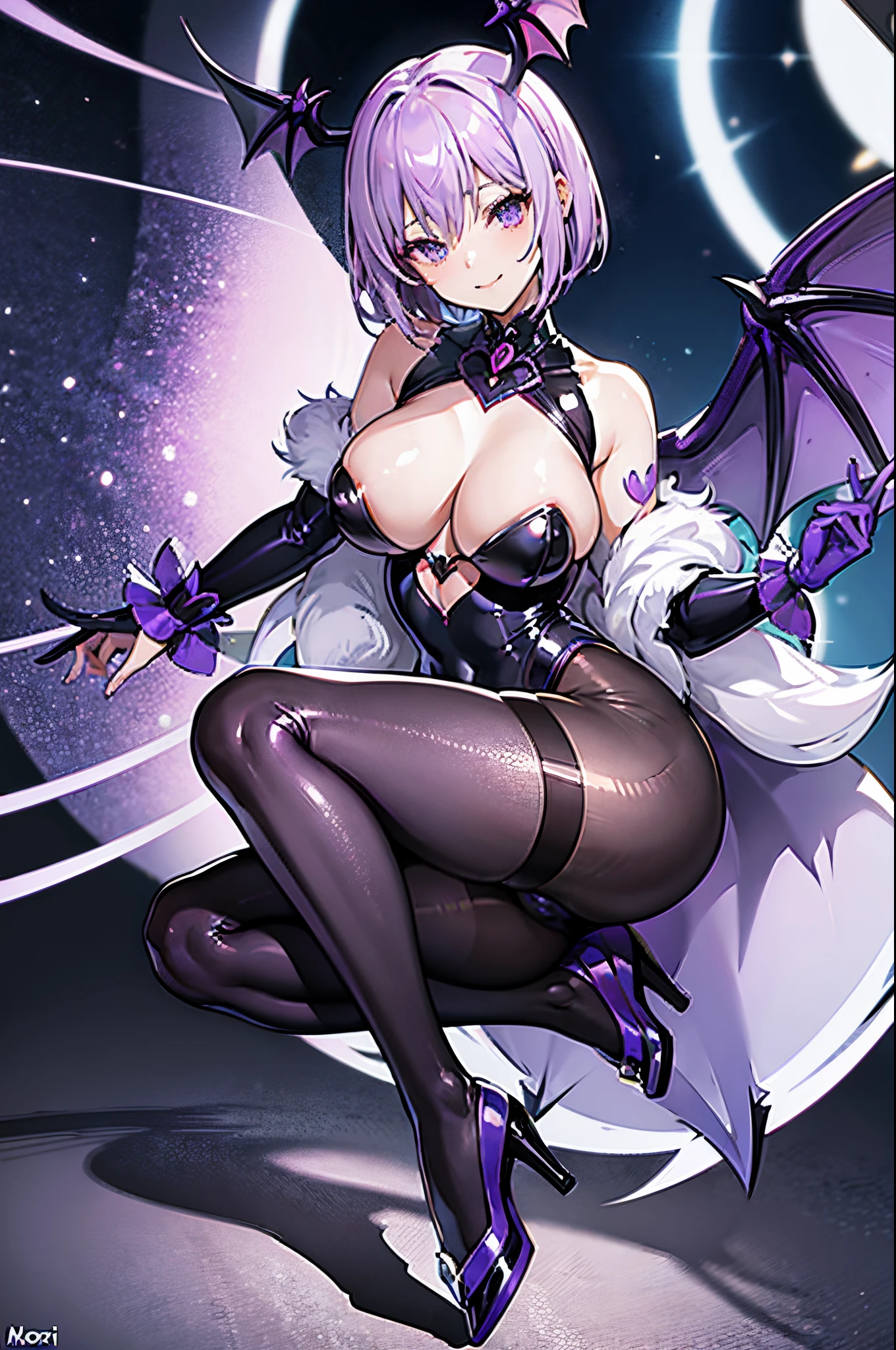 Carefully draw the face High-quality faces in anime style Lilac short bob huge tit Big ass Whip thighs Black full body suit Bat-print purple pantyhose seductiv a smile Morrigan Aensland