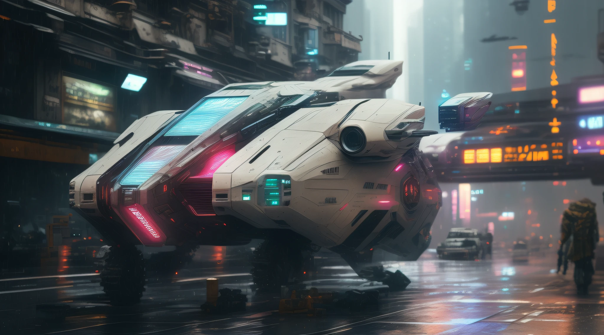 Future vehicles on city streets in the rain, Surreal cyberpunk style, Star Citizen Digital Art, Sci-fi spaceships in battle, Cyberpunk Art Surrealism 8k, 8k high detail concept art, Background cyberpunk spaceship, Concept Art 8K, science fiction digital art, hyper realistic cyberpunk city, scifi spaceship, future science fiction. GameCG