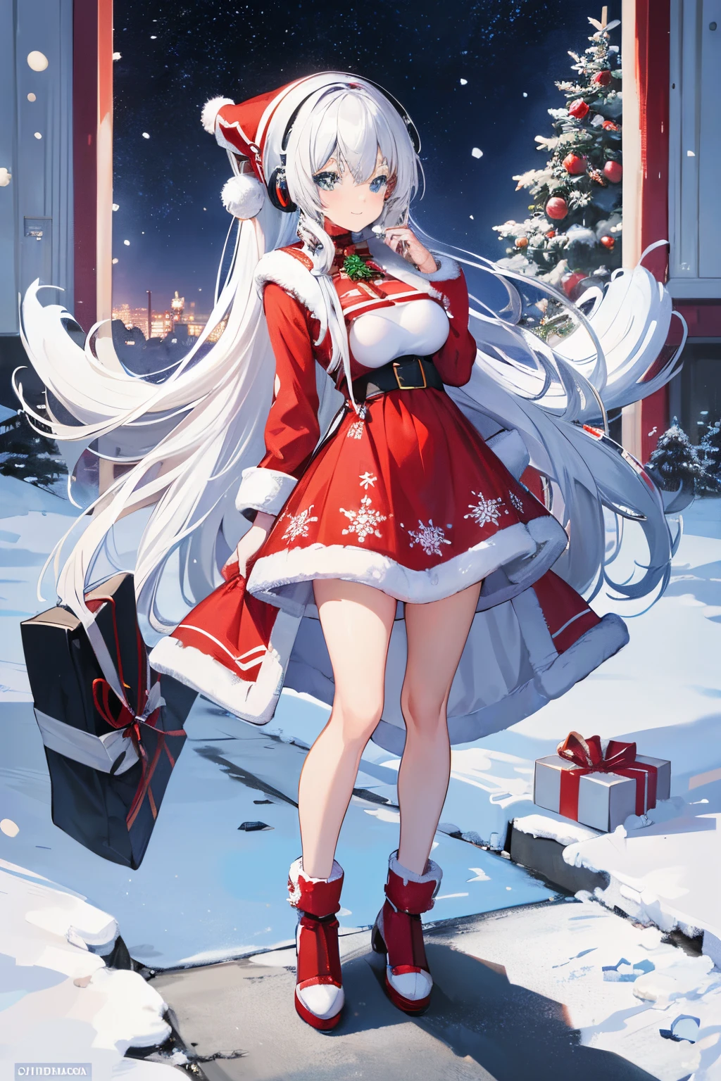 "anime girl, 1 person, silver white hair mixed with black, blue eyes, wearing headphones, Santa shirt, Santa outfit, Christmas outfit, winter outfit, red winter dress, big breasts,  long socks, standing cross-legged, smiling shyly, blushing, looking sideways, cold winter, snowing, suitable for Christmas gifts, Christmas, solo(full HD Image 4K+)"