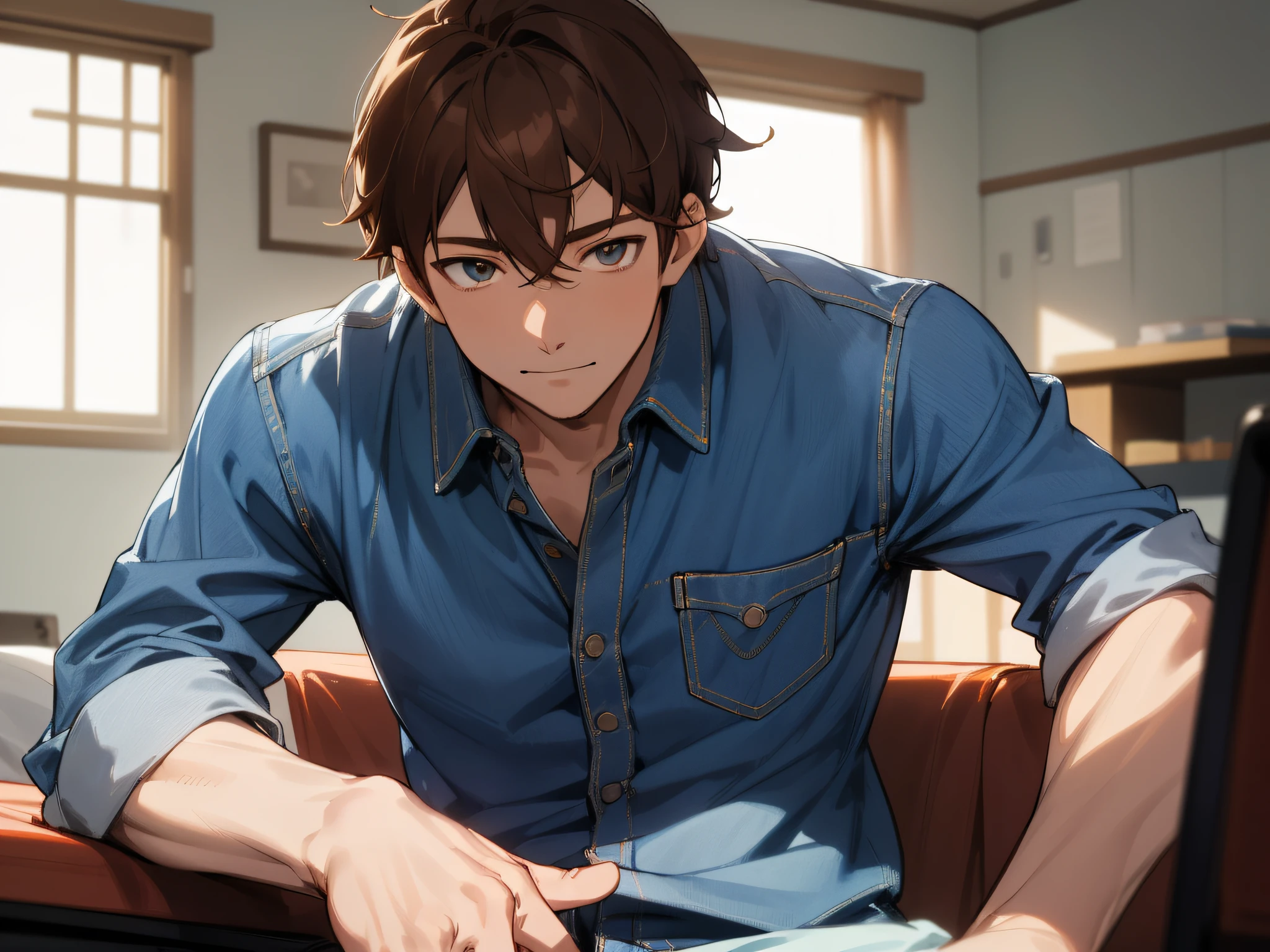 Upper body,a closeup,Man's,relaxed expression,Year's on,,ember, 36-years old,Cool,1 male、(Blue denim shirt)),Brown hair,(eyes are brown),Sitting at the bedside,Look into the camera,