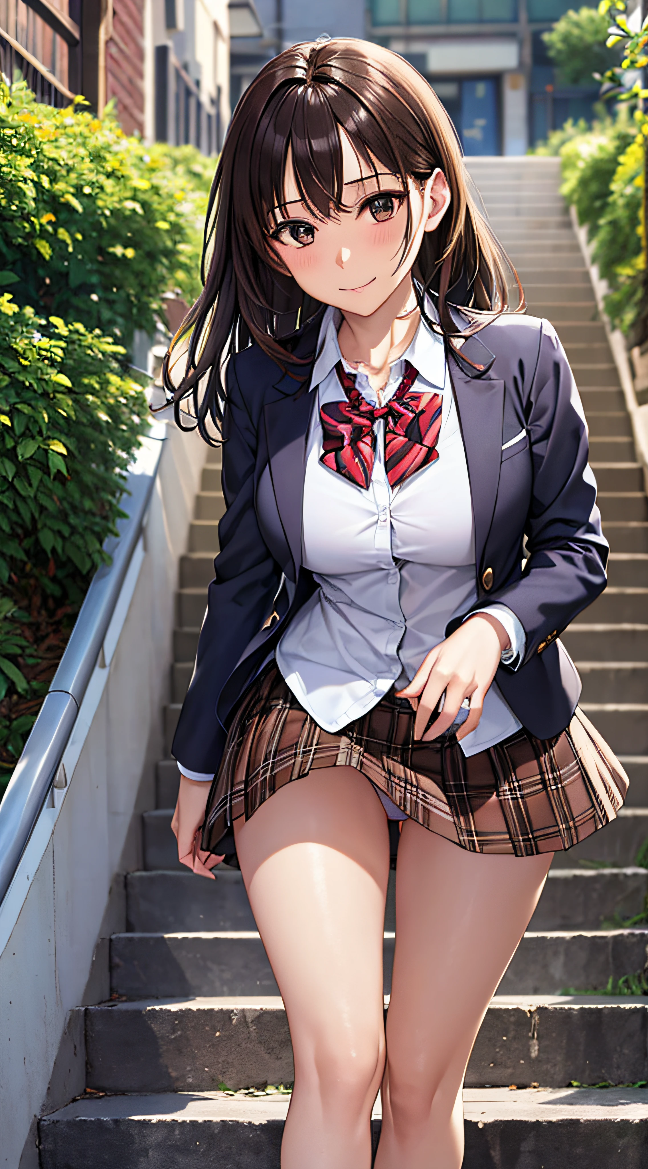 ((masutepiece, Best Quality, hight resolution, nffsw, Perfect Pixel, 4K, nffsw, nffsw))), 1girl in, Single, Solo, Beautie、full body seen、 ((Middle Wave Hair, Bangs, Brown hair)), ((Brown-eyed, Beautiful eyelashes, Realistic eyes)), ((Detailed face, Blushing:1.2)), ((Smooth texture:0.75, Realistic texture:0.65, Photorealistic:1.1, Anime CG style)), medium breasts, Dynamic Angle, Perfect body, ((red bowtie, School uniform, Black jacket, Open jacket, Brown cardigan, White shirt, Black skirt, plaid skirts)), City staircase、Looking up from the bottom of the stairs、Very embarrassing panic smile, turned around、bending forward、(The wind flipped my skirt and exposed my butt........................、Touching the buttocks with both hands、Light blue floral lace panties)、