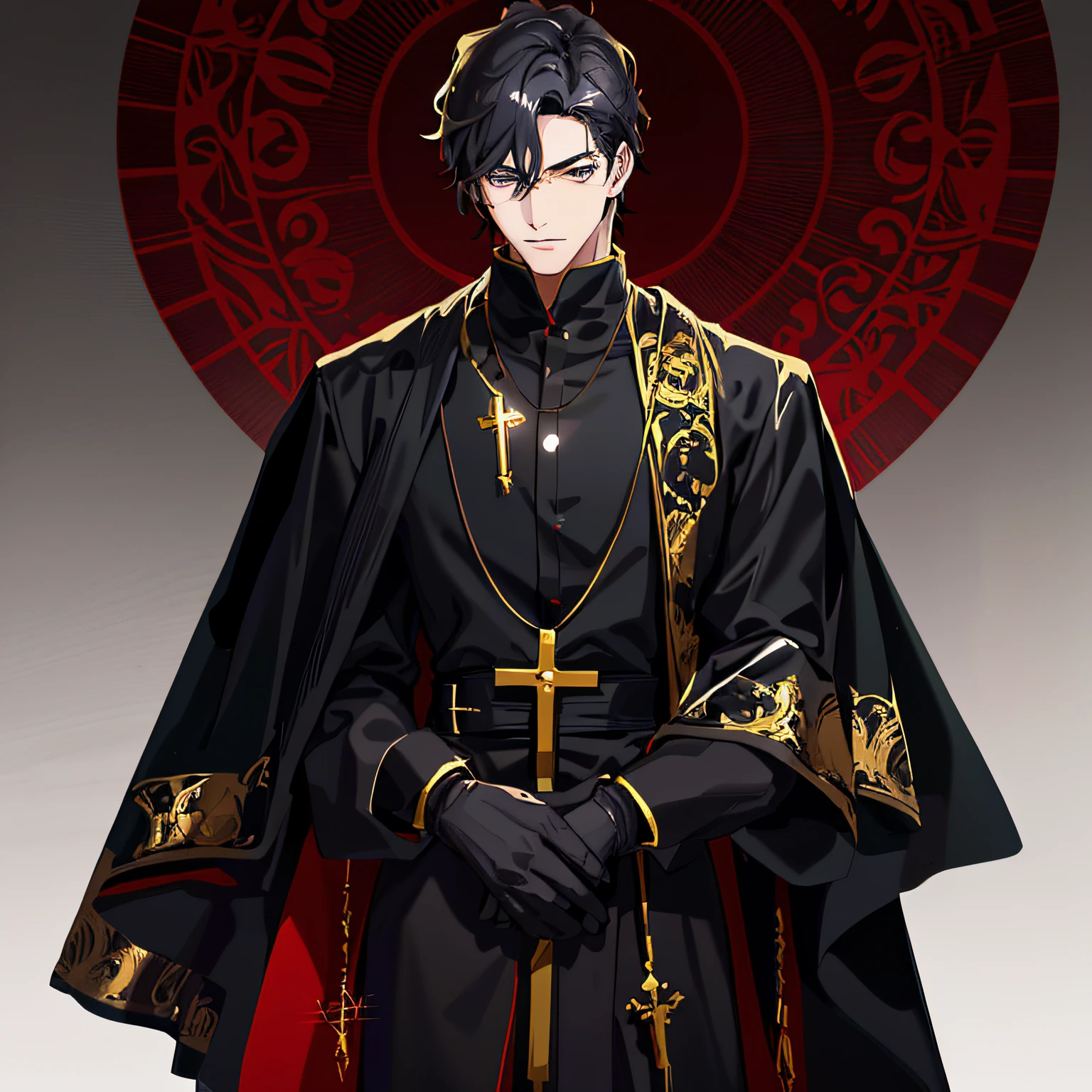 anime character wearing black,with cross and cloak, wearing black clothes and cape, photo of a male pastor, male anime characters,Wearing a dark robe with gold embellishments, wearing dark robe, Detailed anime character art, anime handsome man, Sketch line drawings,,character design
