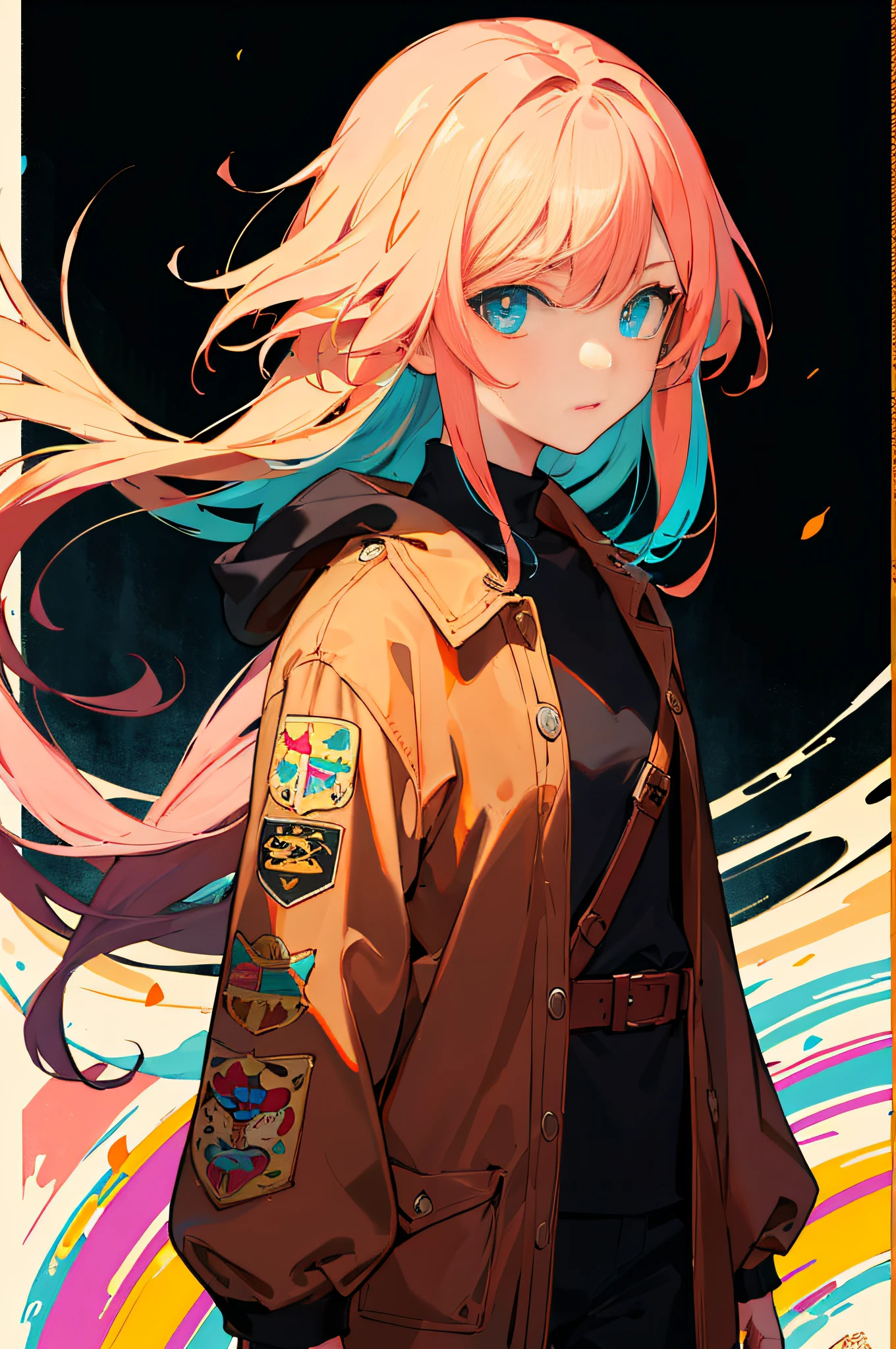 Master masterpiece, HIG quality, hight resolution, absurderes, ultra-detailliert, 8K, 1girl in, Multi-colored hair,Cartoon Network Wind,Gradient Hair, Look at the viewer, Colorful eyes, (Doodle ink painting wall background: 1.15), Brilliant Colorful Paintings、Portrait、