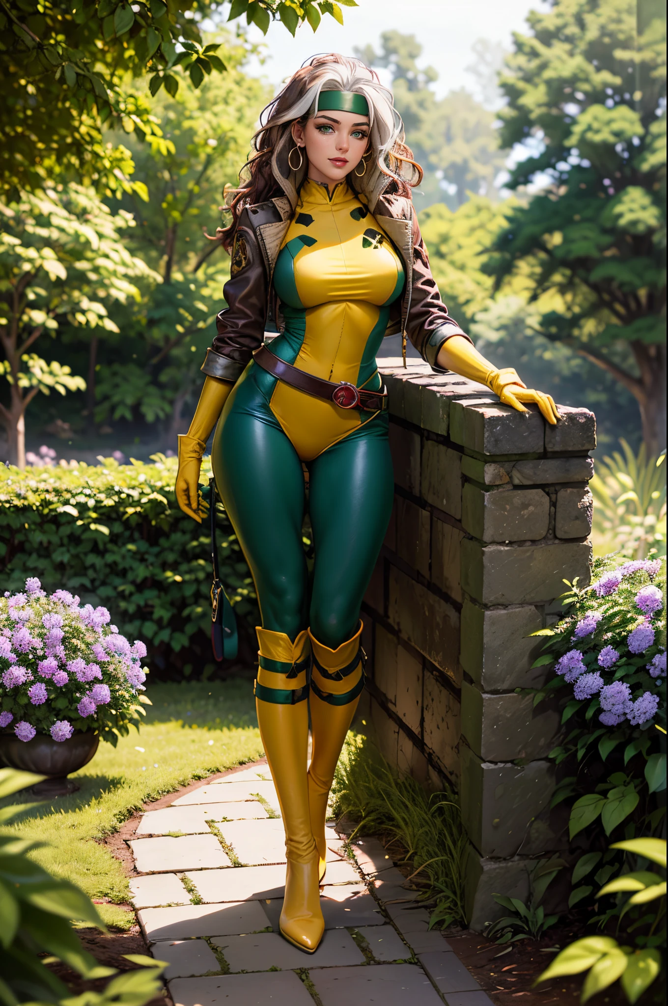 (masterpiece:1.0), (best_quality:1.2), Classic Rogue, 1991 Rogue X-Men, 1 girl, Only, full body view, medium length hair, brown hair, wavy hair, messy hair, one lock of white hair, headband, green eyes, mischievous look, smirking, parted lips, curvy figure, medium to large breasts, lipstick, makeup, jacket, gloves, 2 belts, yellow gloves, green bodysuit, multicolored bodysuit, skin tight, open jacket, headband, gold hoop earrings, multicolored clothes, character accurate clothes, Looking at the Viewer, sexy pose, confident stance, sunlight, sunrays, light source from the side, (realism: 1.5), (Realistic: 1.4) , (Absurdity:1.4), 8k, ultra-detailed, Detailed Beautiful Woman, (only:1.4) , 1girl, background of garden, dirt path, wisteria trees, outside of an old mansion, official art, extremely detailed CG unity 8k wallpaper, perfect lighting, Colorful, ultra high res, photography, 8K, HDR, Kodak portra 400, film grain, blurry background, (bokeh:1.2), lens flare, (vibrant_color:1.2), professional photograph