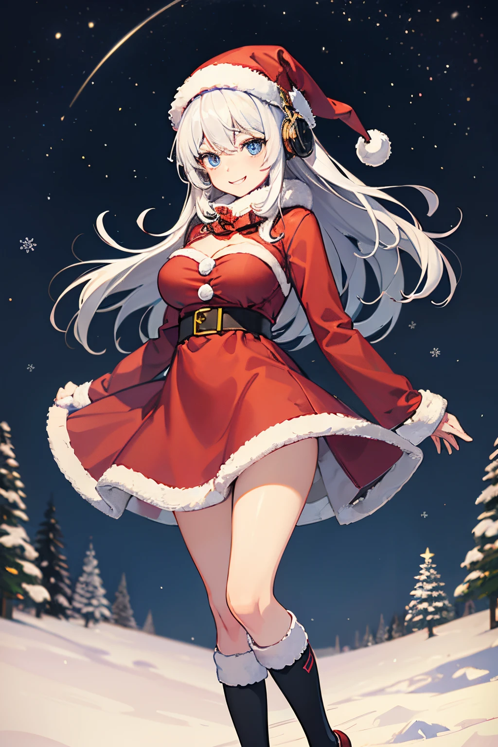 "anime girl, 1 person, silver white hair mixed with black, blue eyes, wearing headphones, Santa shirt, Santa outfit, Christmas outfit, winter outfit, red winter dress, big breasts,  long socks, standing cross-legged, smiling shyly, blushing, looking sideways, cold winter, snowing, suitable for Christmas gifts, Christmas, solo(full HD Image 4K+)"
