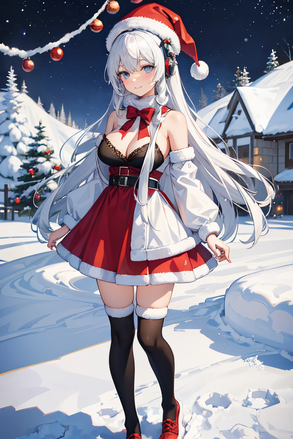 "anime girl, 1 person, silver white hair mixed with black, blue eyes, wearing headphones, Santa hat, Santa shirt, Santa suit, Christmas suit, winter suit, colored winter dress red, big breasts, long socks, standing cross-legged, smiling shyly, blushing, looking sideways, cold winter, snowing, suitable for Christmas gifts, Christmas, solo(full HD 4K+ Image)"