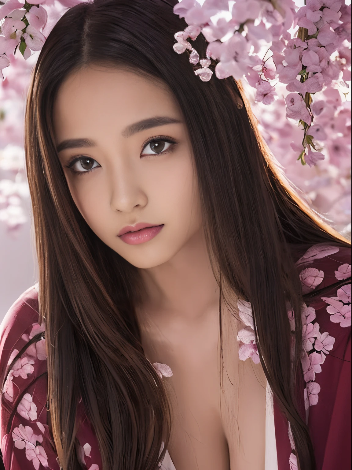 Beautiful Japanese supermodel woman, A lock of hair with light highlights, black eyes, mixed media, sensual，sakura background，Beautiful kimono, Liquid color flows across her face, backlight, sensual photo, provocative cleavage.