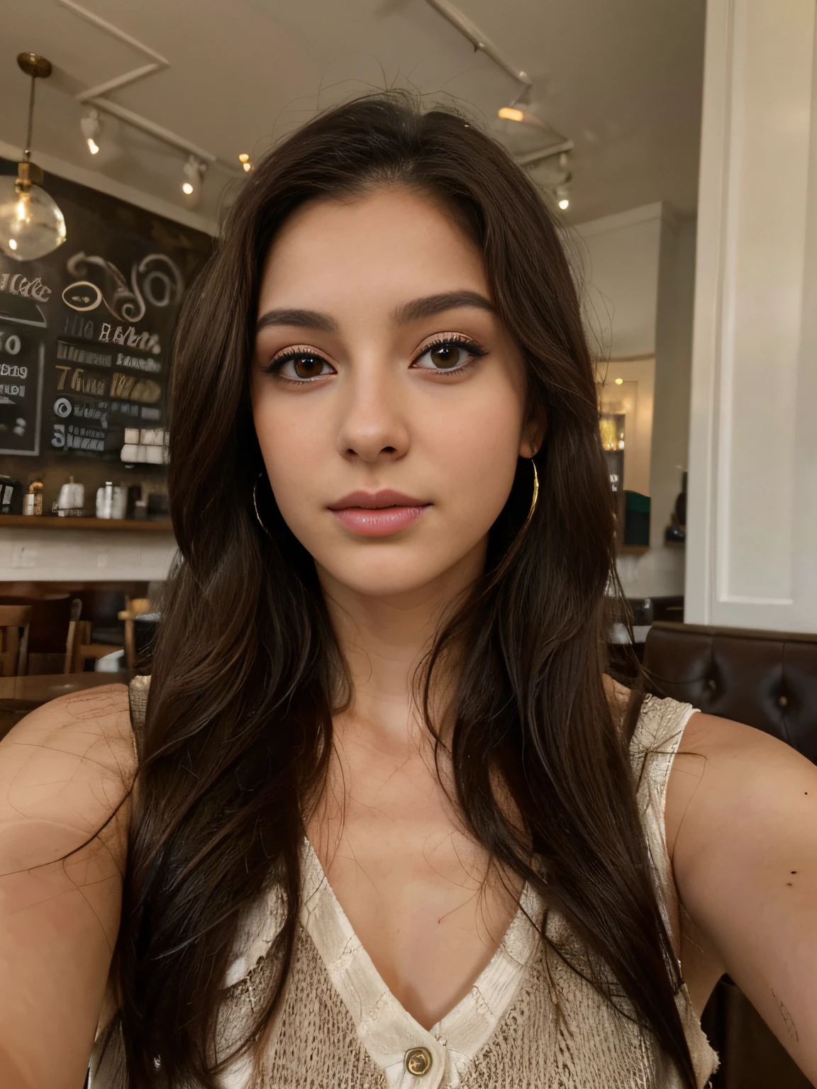Photo of a 25 year old brunette woman, that has a very natural face, thin lips, thin eyes, thin eyebrows, thin nose, earrings, long eyelashes. She makes a cute selfie in a cafe
