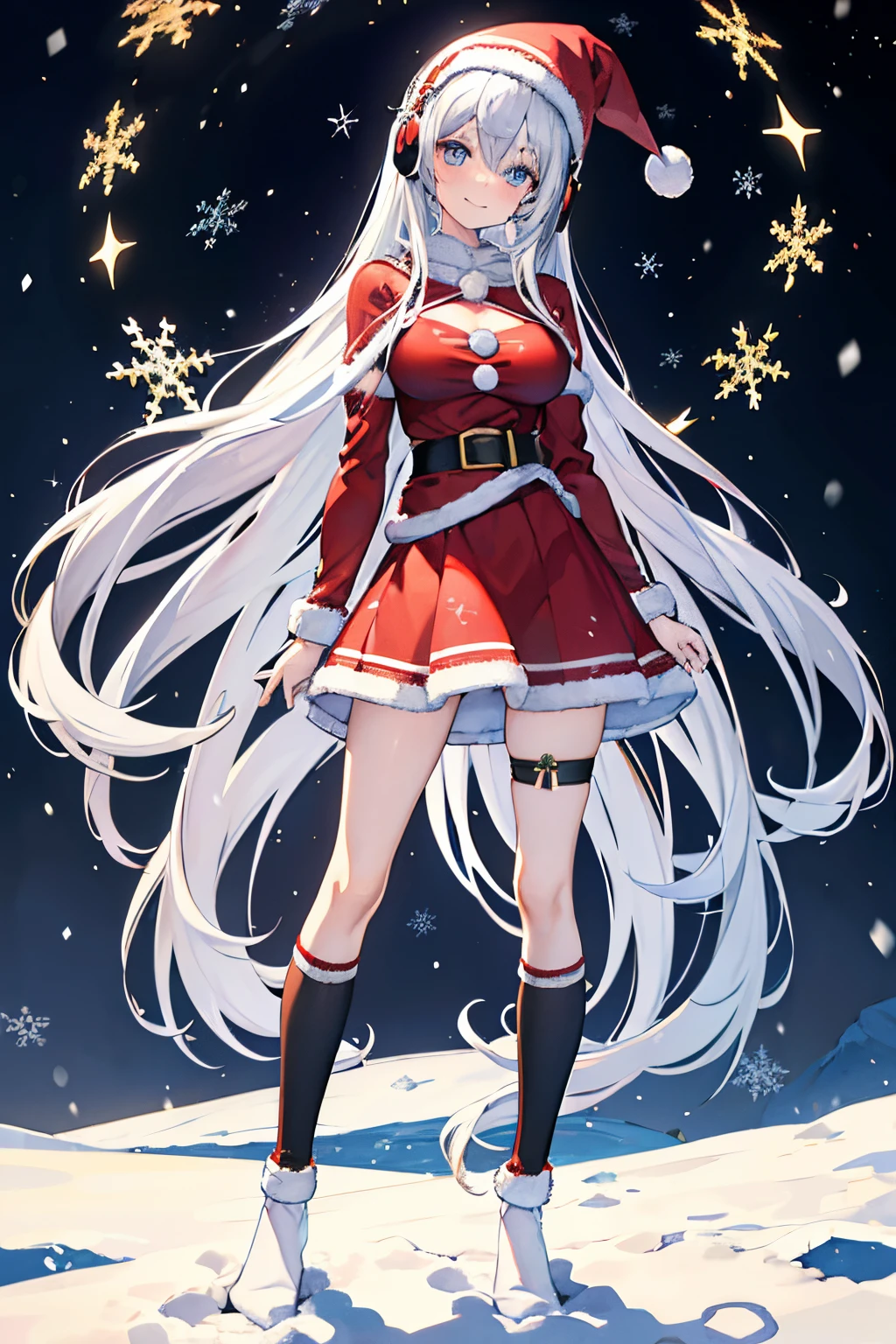 "anime girl, 1 person, silver white hair mixed with black, blue eyes, wearing headphones, Santa shirt, Santa outfit, Christmas outfit, winter outfit, red winter dress, big breasts, long socks, standing cross-legged, smiling shyly, blushing, looking sideways, cold winter, snowing, suitable for Christmas gifts, Christmas, solo(full HD Image 4K+)"