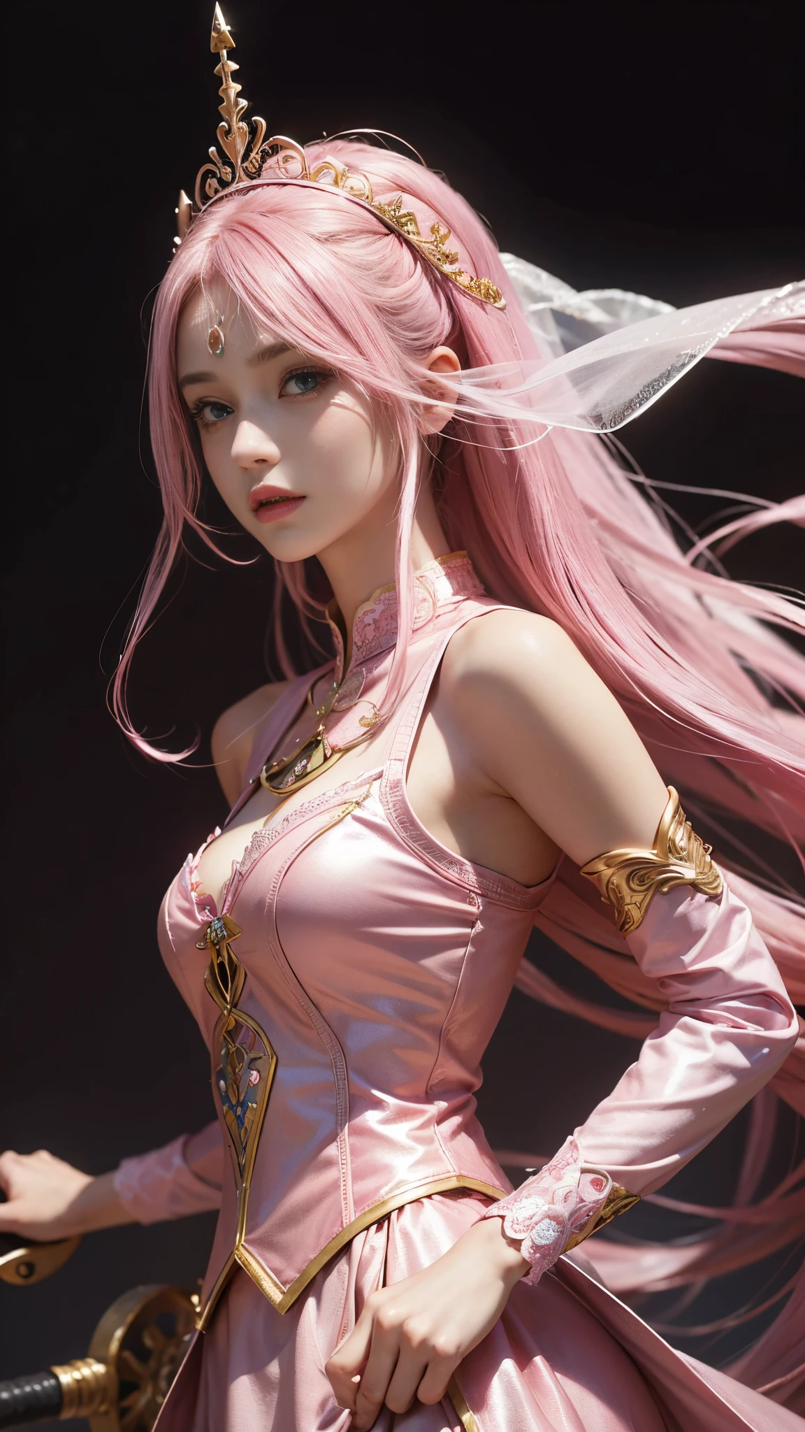 model shoot, (1 girl), long hair, pink hair, Islamic warrior, pink outfit, laces, shining:1.5, hyper realistic, super detailed, Dynamic shot, masterpiece, scene sharp détails, perfect eyes, perfect skin, perfect hands, attractive pose,