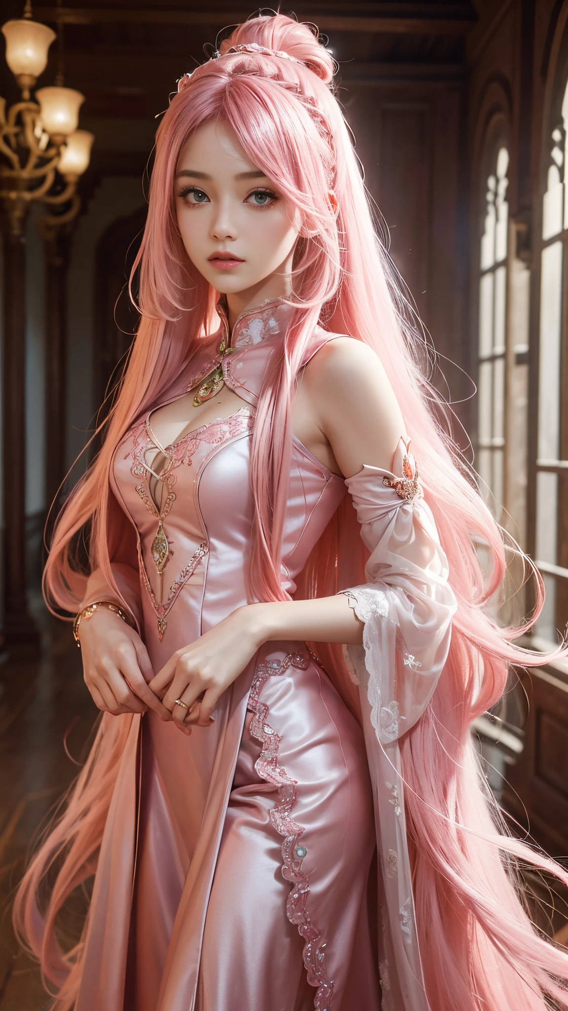 model shoot, (1 girl), long hair, pink hair, Islamic warrior, pink outfit, laces, shining:1.5, hyper realistic, super detailed, Dynamic shot, masterpiece, scene sharp détails, perfect eyes, perfect skin, perfect hands, attractive pose,