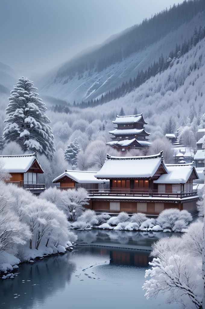 (Best Quality, 8K, masutepiece :1.3), snow mountains, Quiet snow-capped landscape, Breathtaking natural landscapes, Outside, traditional japanese building, quiet mountain resort, A quiet winter wonderland, Snow-covered peaks, Majestic beauty, pristine white snow,