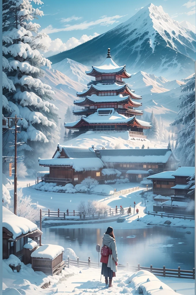 (Best Quality, 8K, masutepiece :1.3), snow mountains, Quiet snow-capped landscape, Breathtaking natural landscapes, Outside, traditional japanese building, quiet mountain resort, A quiet winter wonderland, Snow-covered peaks, Majestic beauty, pristine white snow,