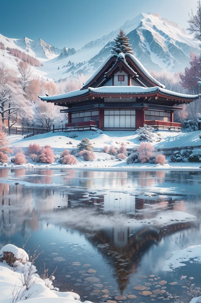 (Best Quality, 8K, masutepiece :1.3), snow mountains, Quiet snow-capped landscape, Breathtaking natural landscapes, Outside, traditional japanese building, quiet mountain resort, A quiet winter wonderland, Snow-covered peaks, Majestic beauty, pristine white snow,