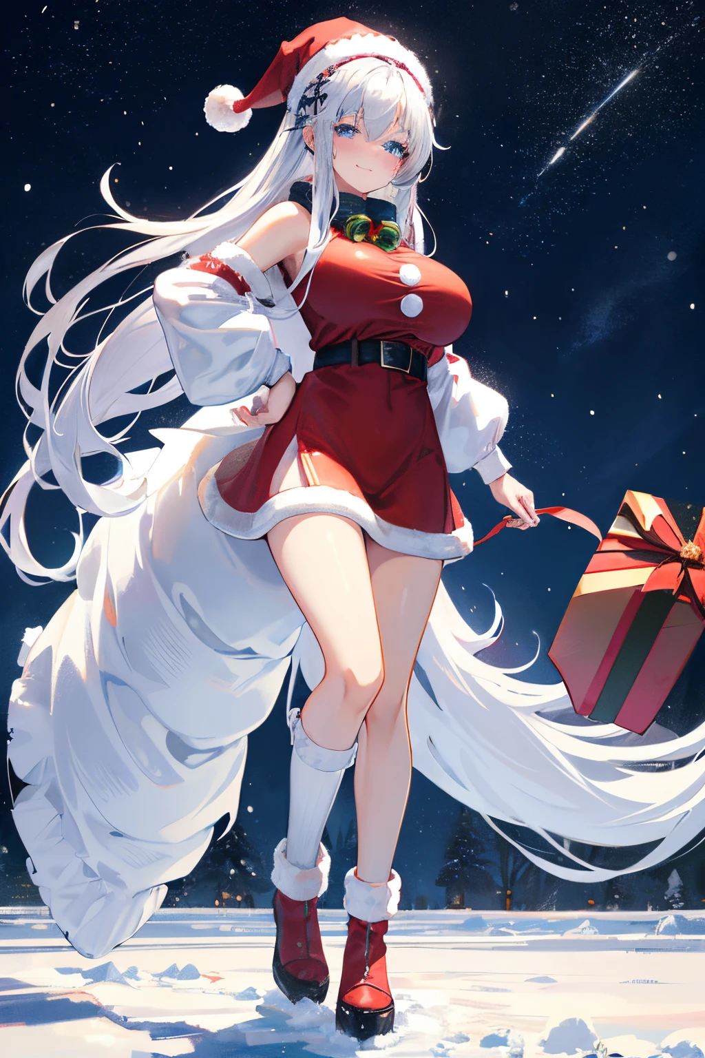 "anime girl, 1 person, silvery white hair mixed with black, blue eyes, wear headphones, santa hat, santa shirt, santa suit, Christmas suit, winter suit, color winter dress red, big breasts, long socks, standing cross-legged, smile shyly, blush, view from the side, cold winter, it&#39;s snowing, suitable for Christmas gifts, Christmas, alone(Full HD 4K+ image)"
